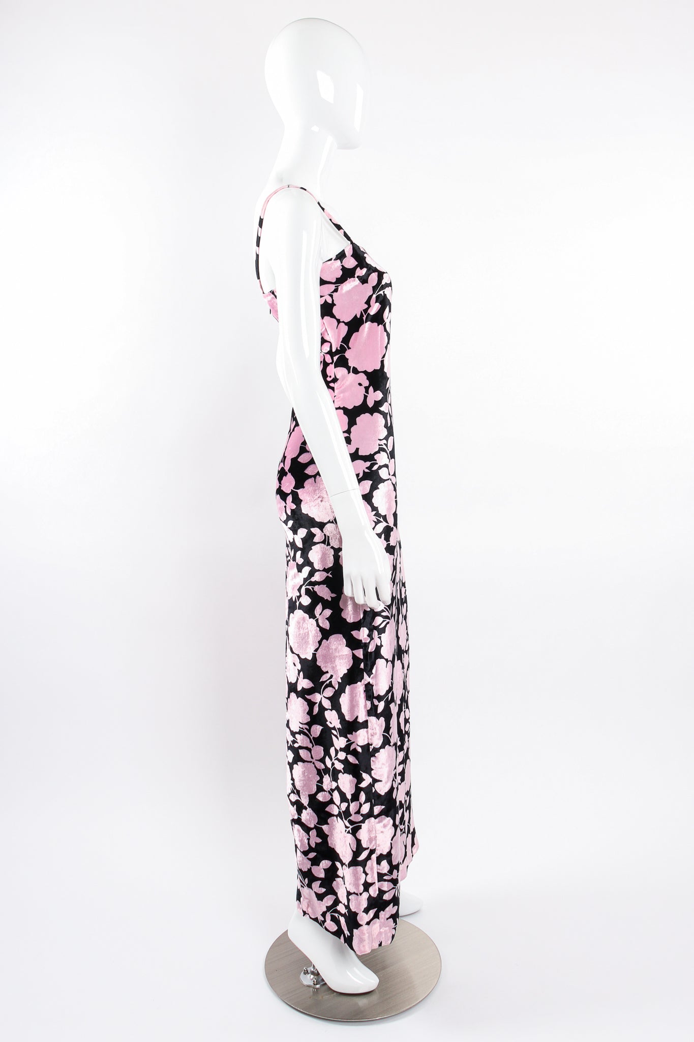 Vintage Versus Gianni Versace Velvet Floral Silhouette Gown on Mannequin side @ Recess LA