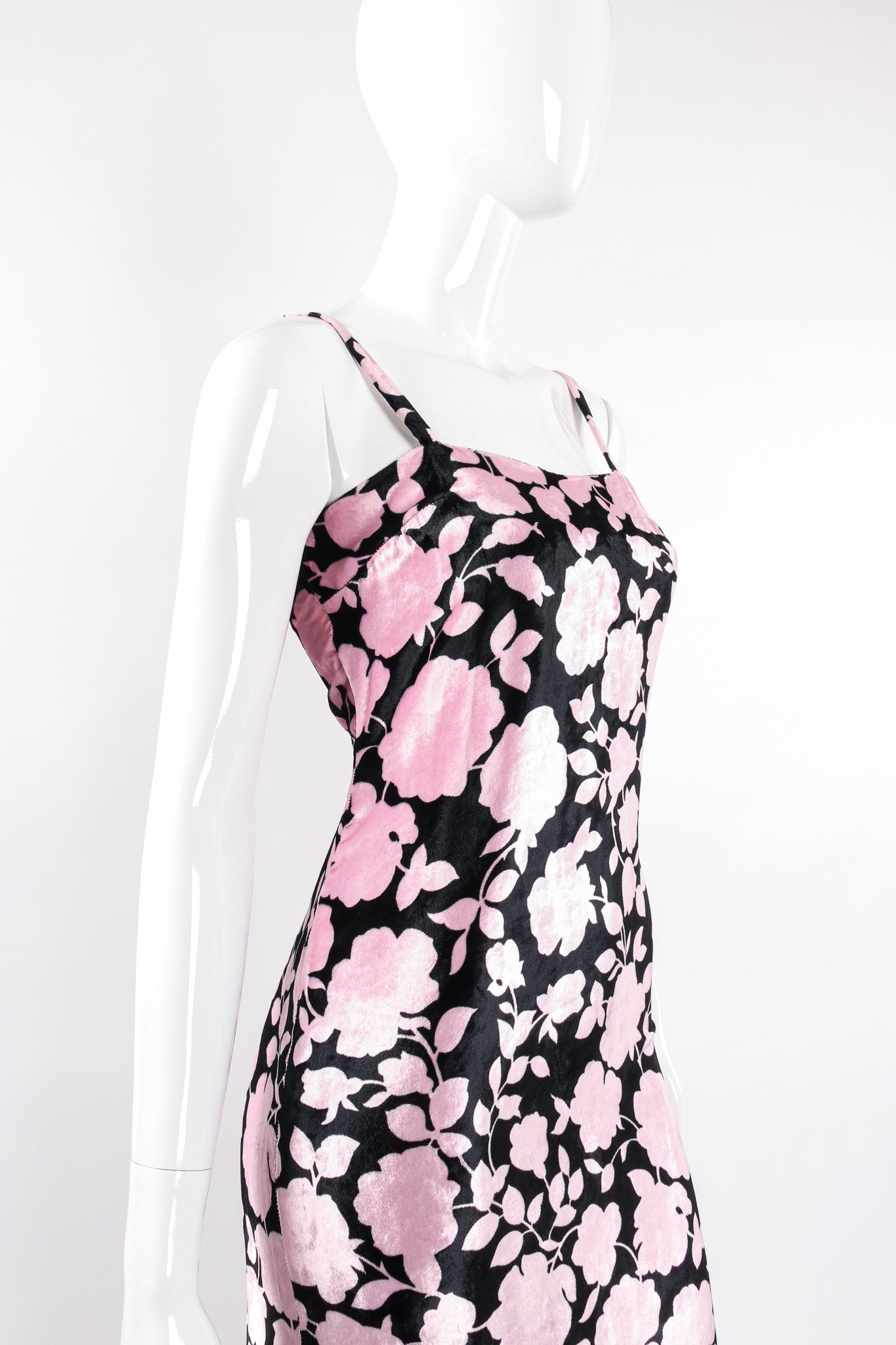 Vintage Versus Gianni Versace Velvet Floral Silhouette Gown on Mannequin angle crop @ Recess LA
