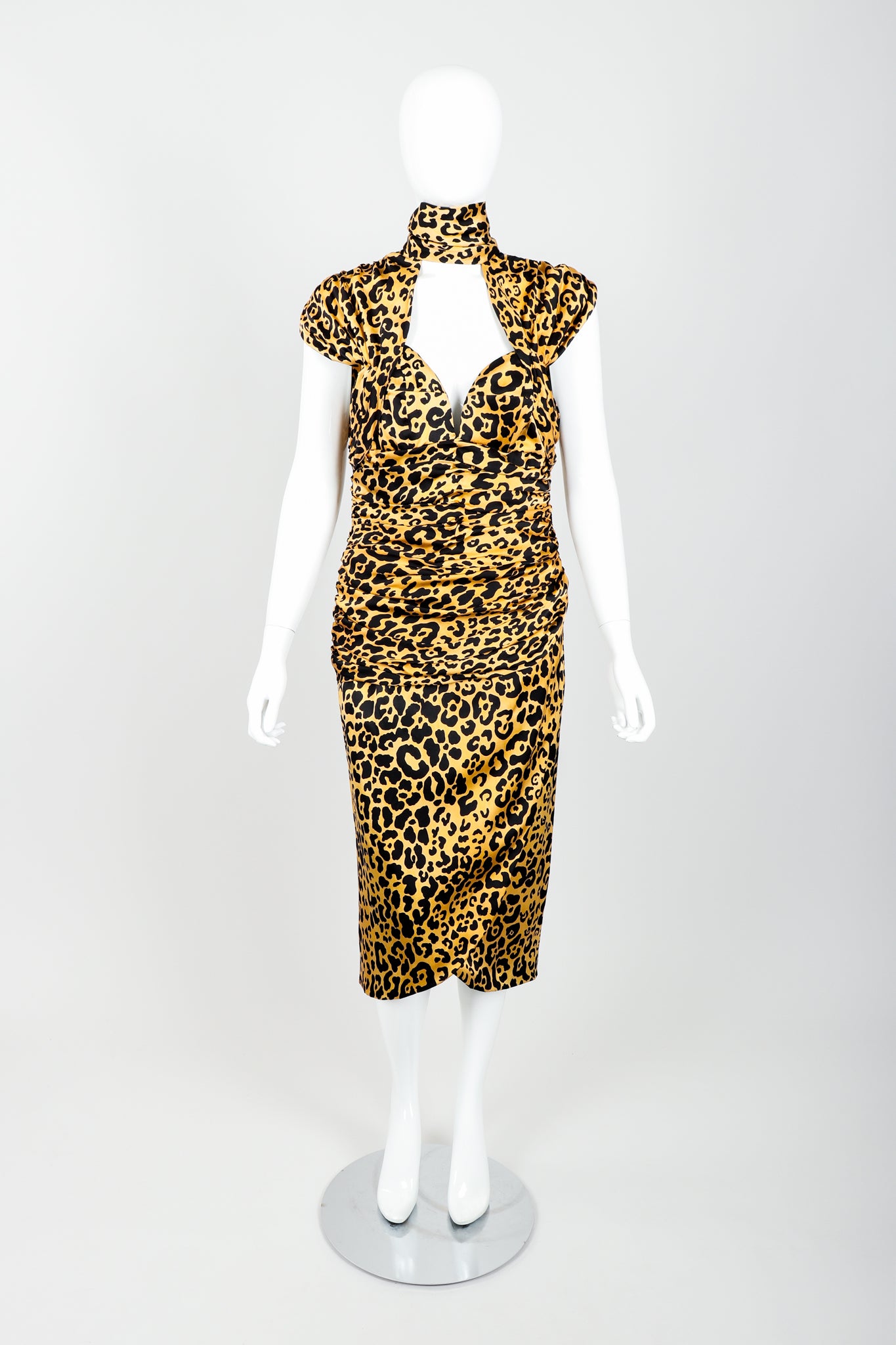Vintage Vicky Tiel Satin Animal Print Choker Dress on Mannequin Front at Recess Los Angeles