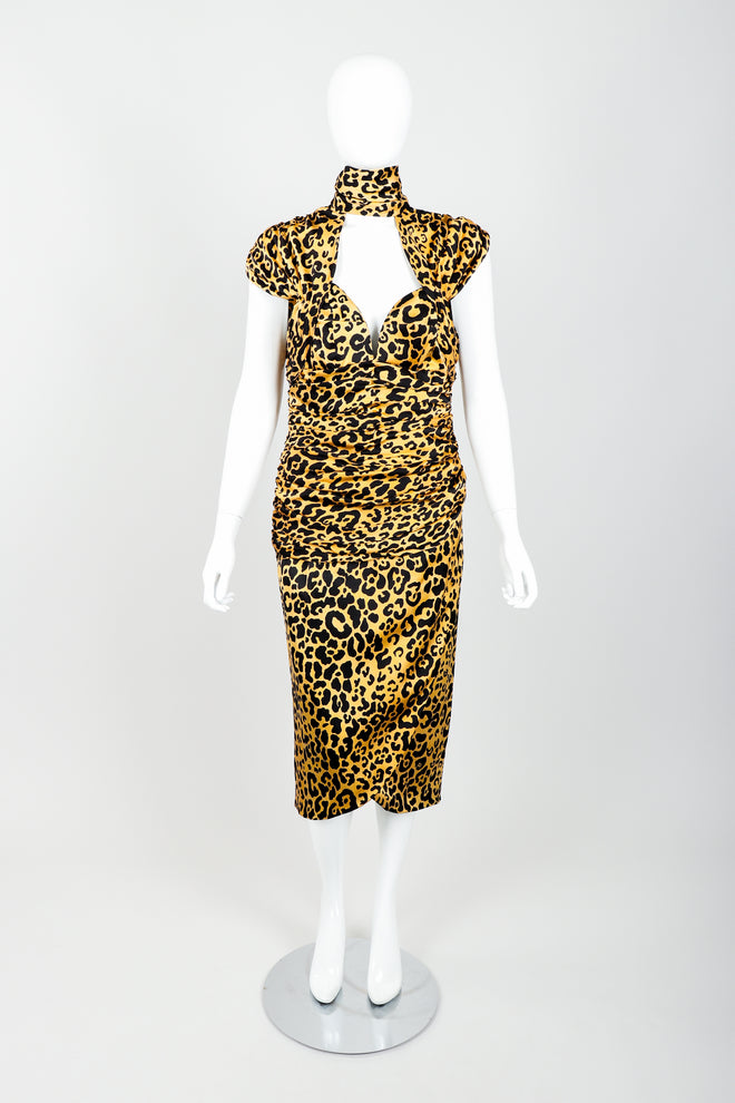 Vintage Vicky Tiel Satin Animal Print Choker Dress on Mannequin Front at Recess Los Angeles