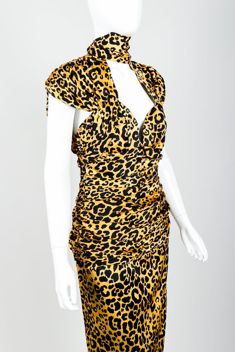 Vintage Vicky Tiel Satin Animal Print Choker Dress on Mannequin Angle Crop at Recess Los Angeles