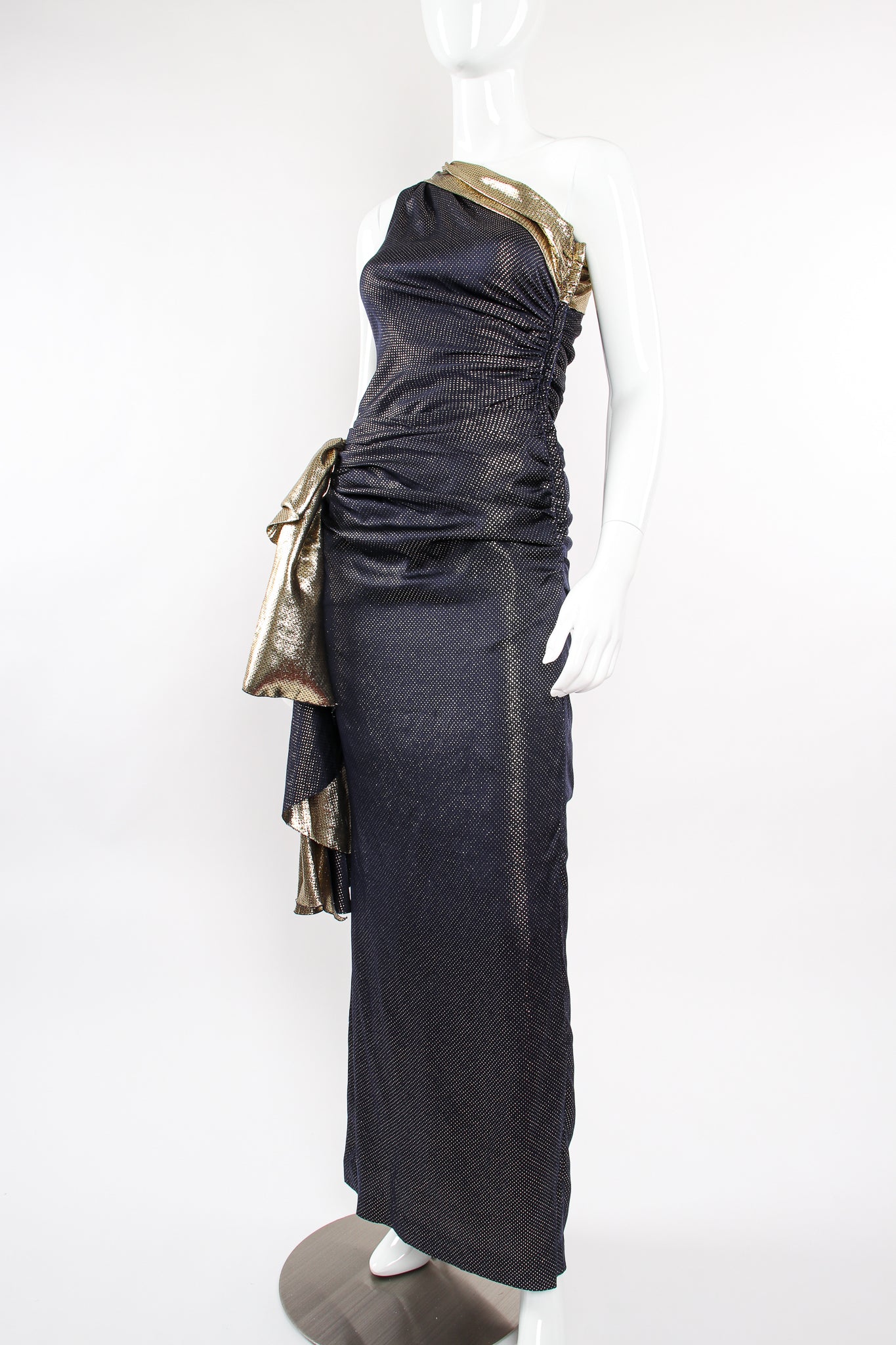 Vintage Vicky Tiel One Shoulder Metallic Dot Sheath Gown on Mannequin angle at Recess LA