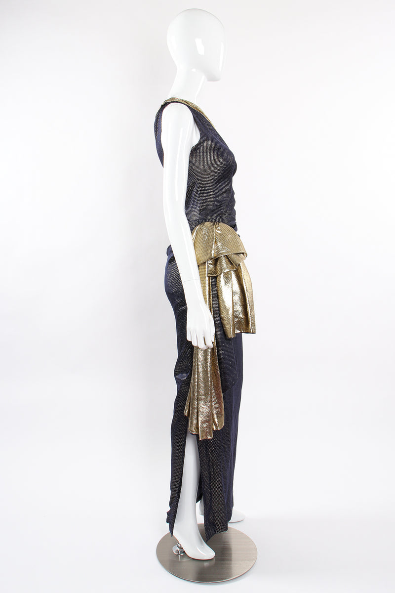 Vintage Vicky Tiel One Shoulder Metallic Dot Sheath Gown on Mannequin side at Recess LA