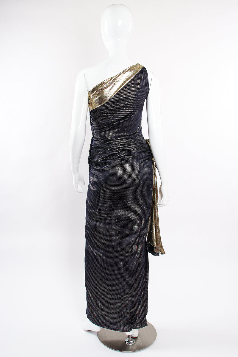 Vintage Vicky Tiel One Shoulder Metallic Dot Sheath Gown on Mannequin back at Recess LA