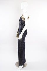 Vintage Vicky Tiel One Shoulder Metallic Dot Sheath Gown on Mannequin side at Recess LA