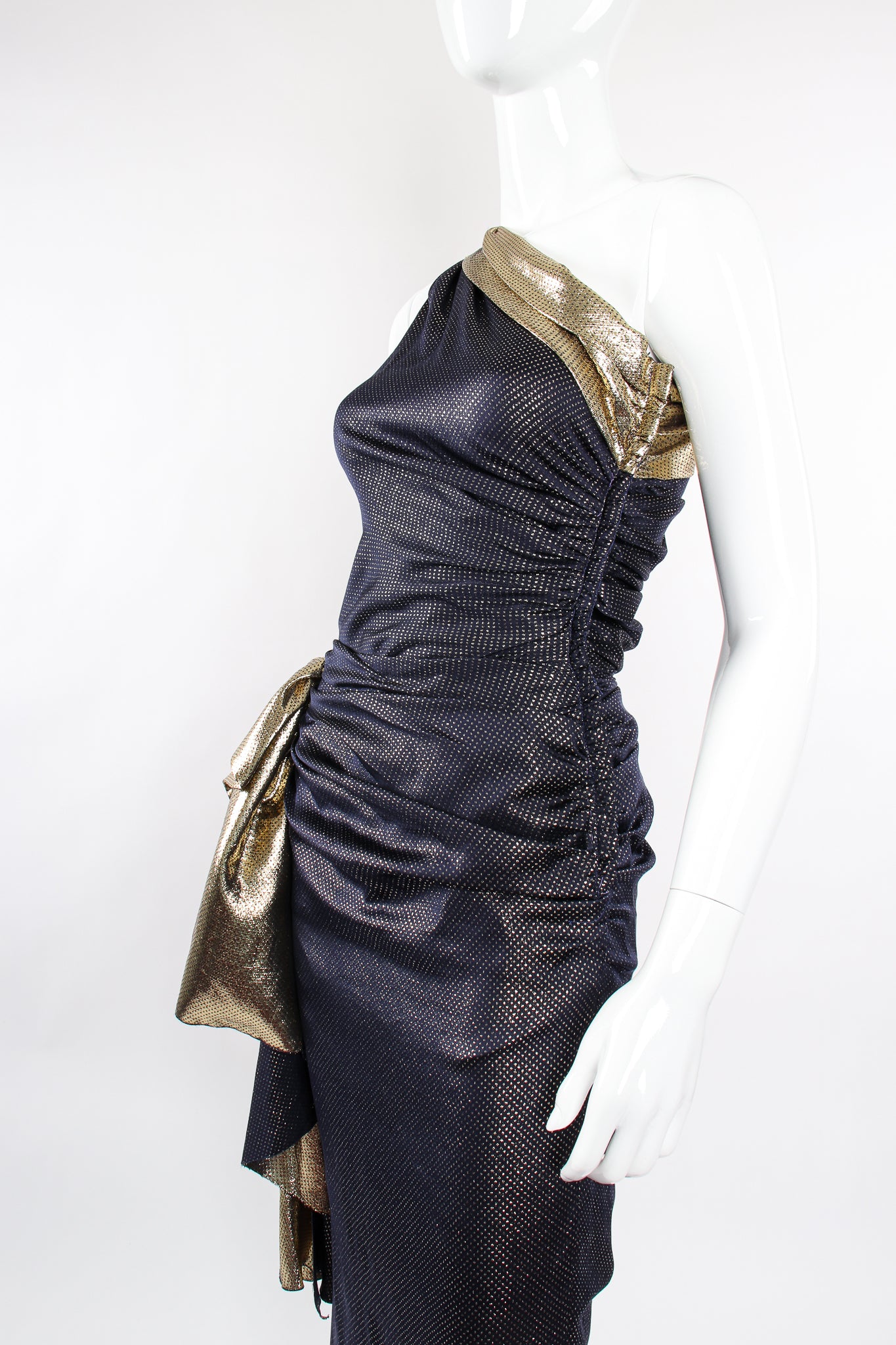 Vintage Vicky Tiel One Shoulder Metallic Dot Sheath Gown on Mannequin angle crop at Recess LA