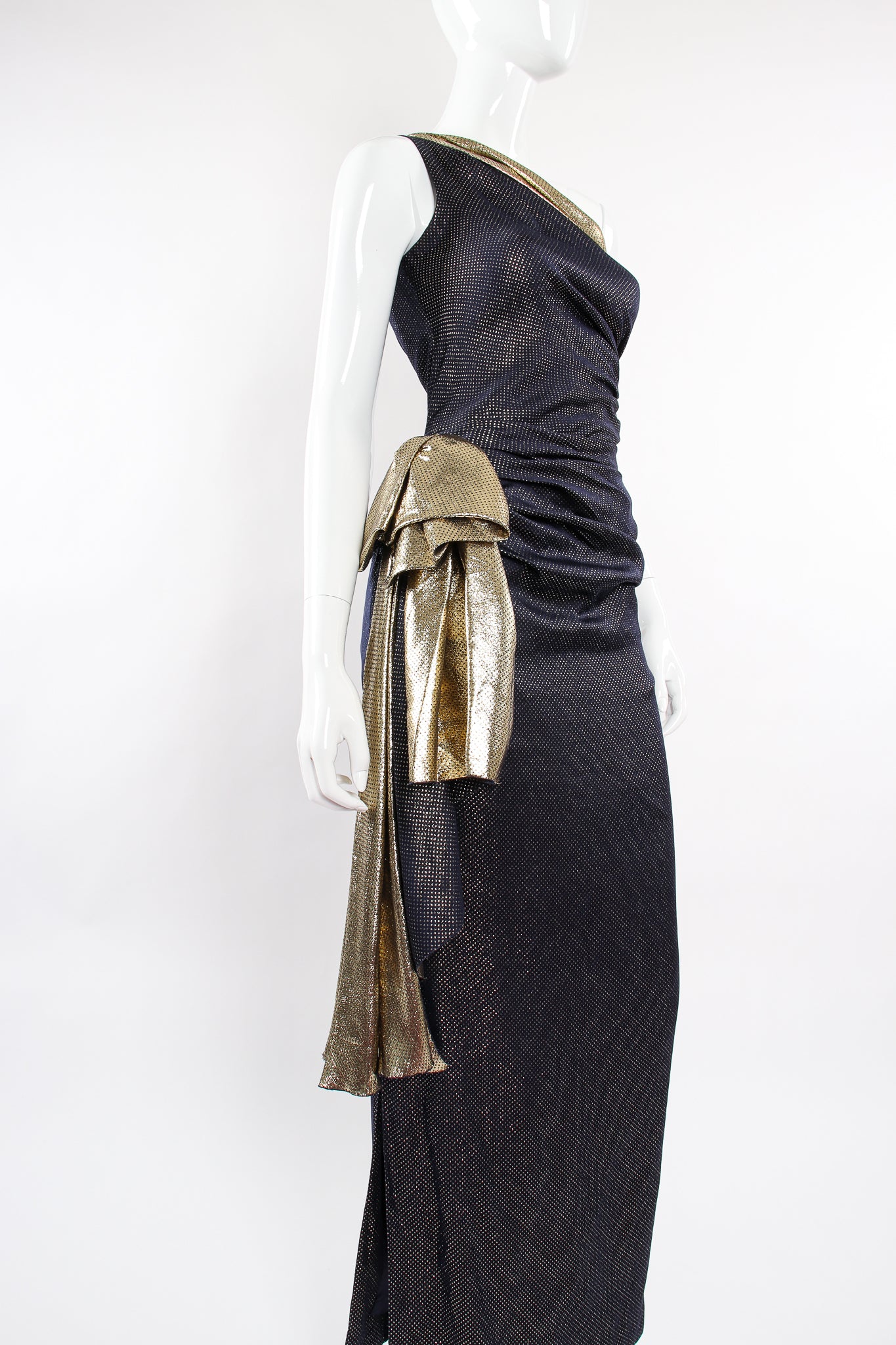 Vintage Vicky Tiel One Shoulder Metallic Dot Sheath Gown on Mannequin angle at Recess Los Angeles