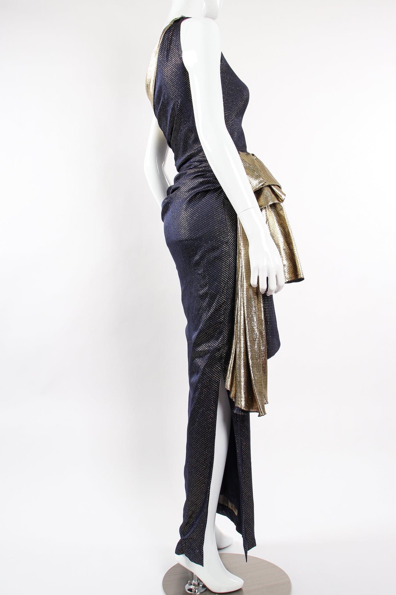 Vintage Vicky Tiel One Shoulder Metallic Dot Sheath Gown on Mannequin back angle at Recess LA