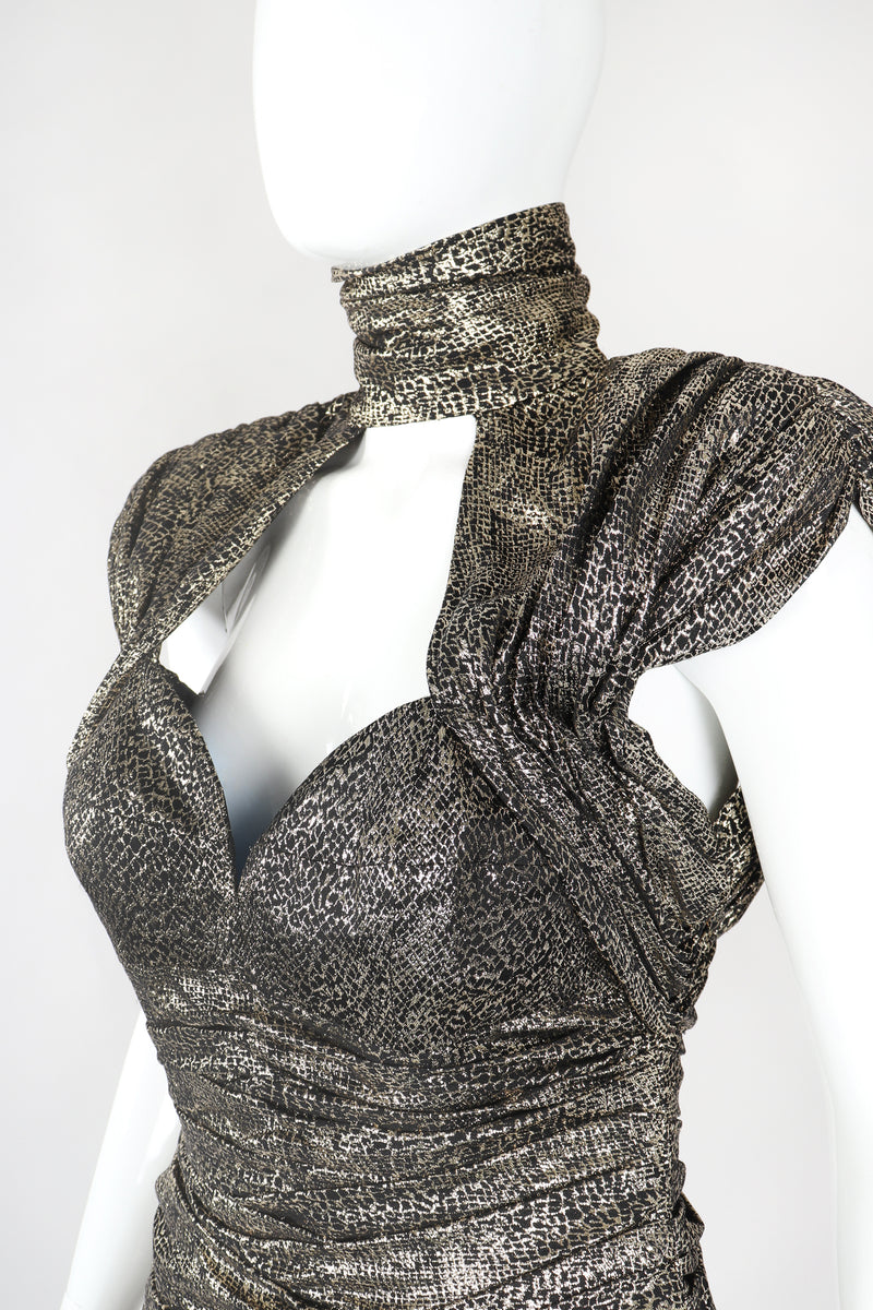 Recess Designer Consignment Vintage Vicky Tiel Metallic Gold Snake Lamé Choker Sweetheart Cutout Dress Los Angeles Resale