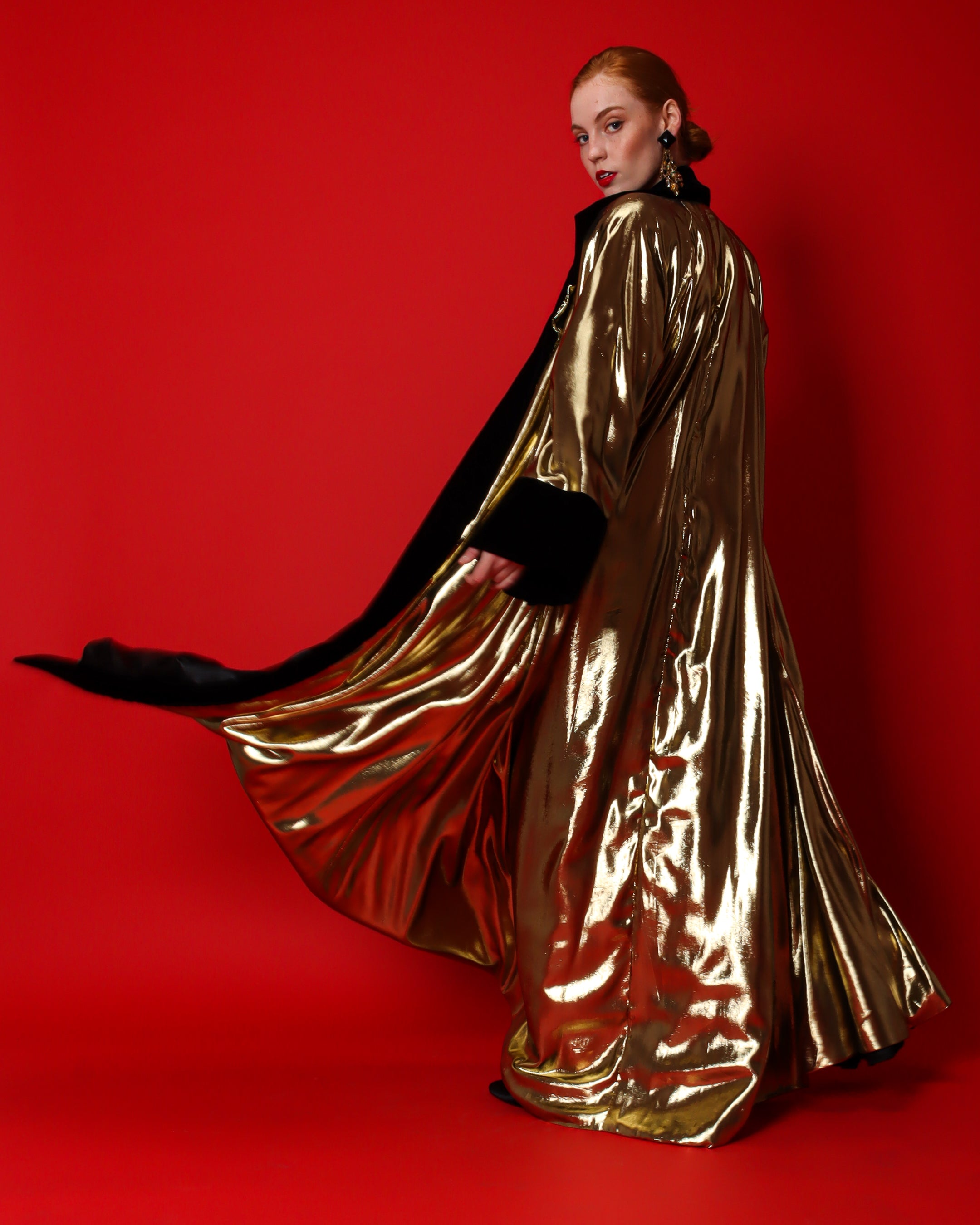 Vintage Victor Costa Lamé & Velvet Duster Overcoat on model Emily @ Recess LA