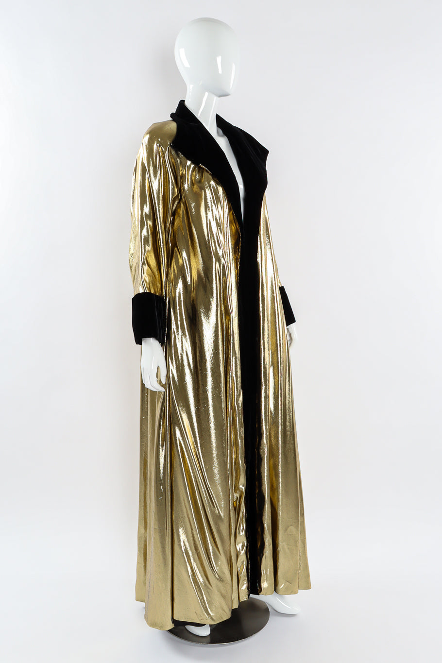 Vintage Victor Costa Lamé & Velvet Duster Overcoat mannequin front angle @ Recess LA