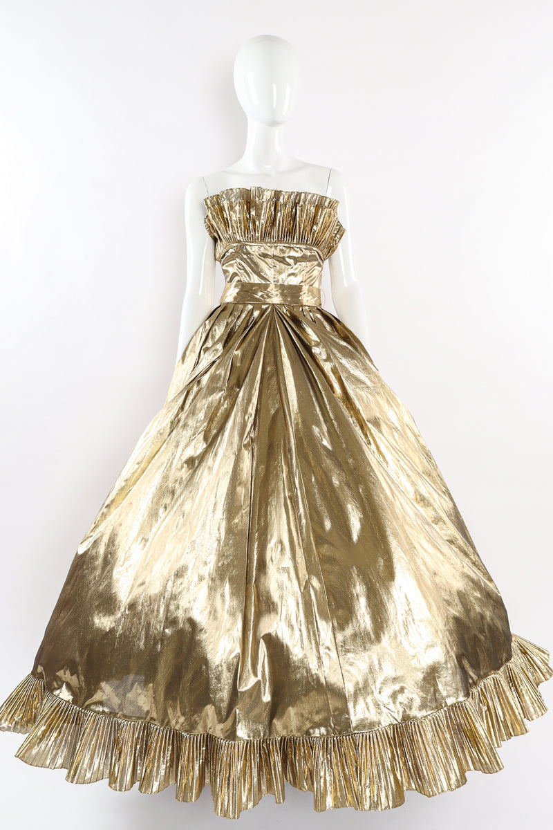 Vintage Victor Costa for Saks Ruffle Pleat Lamé Gown mannequin front extended voluminous skirt @ Recess LA