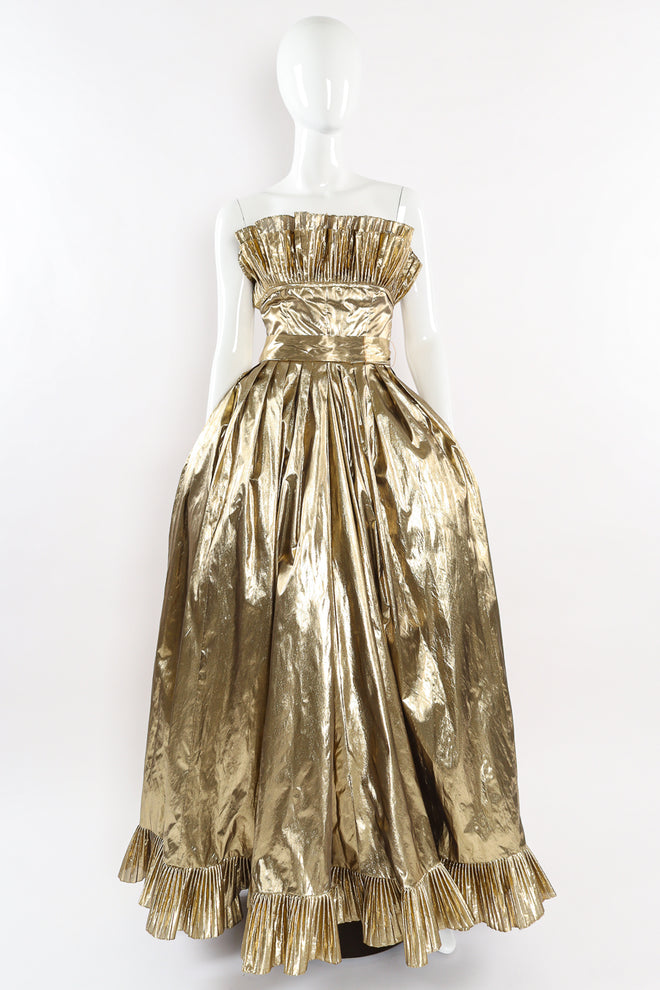 Vintage Victor Costa for Saks Ruffle Pleat Lamé Gown mannequin front hands in pockets @ Recess LA
