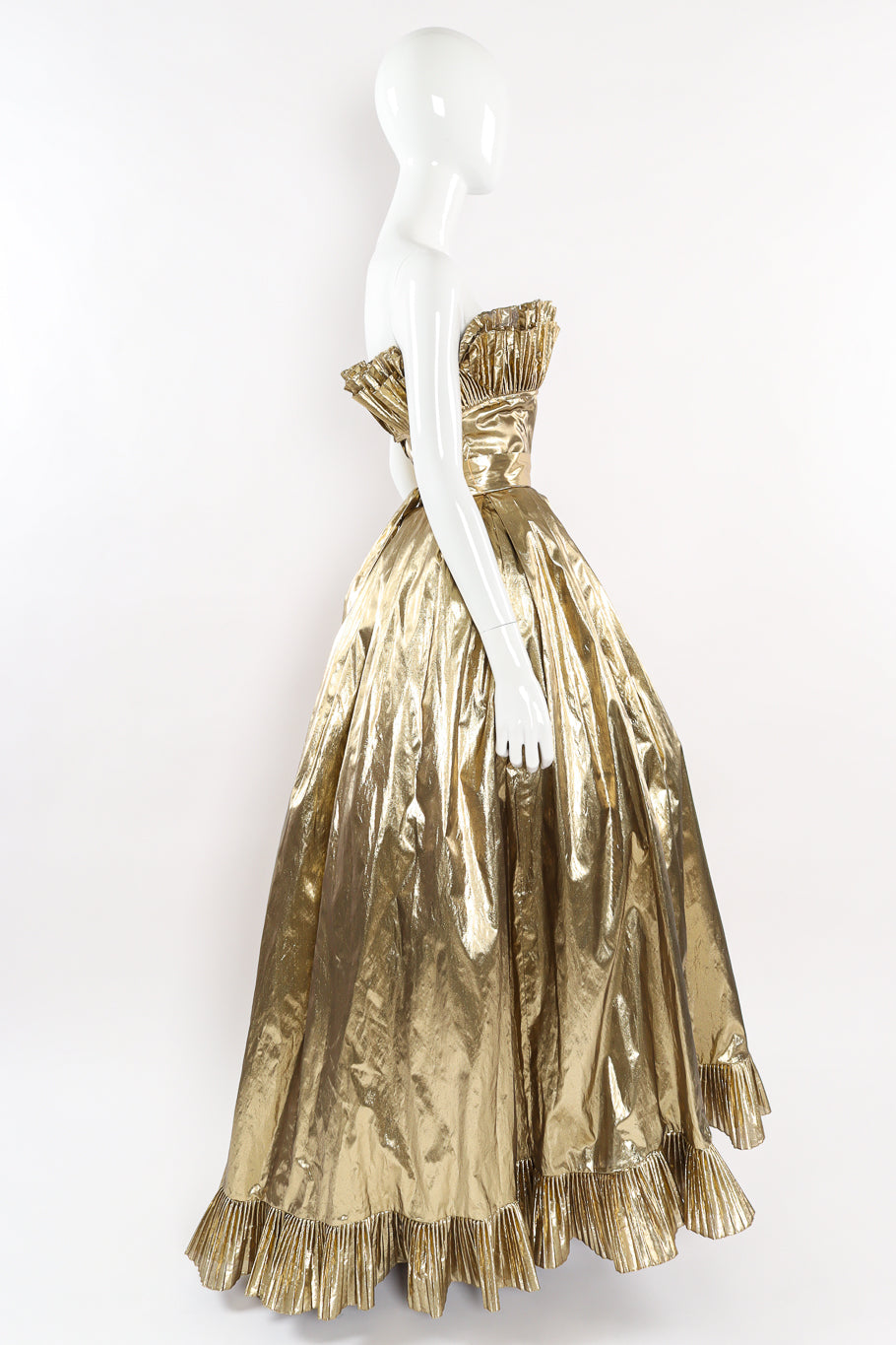 Vintage Victor Costa for Saks Ruffle Pleat Lamé Gown mannequin side @ Recess LA