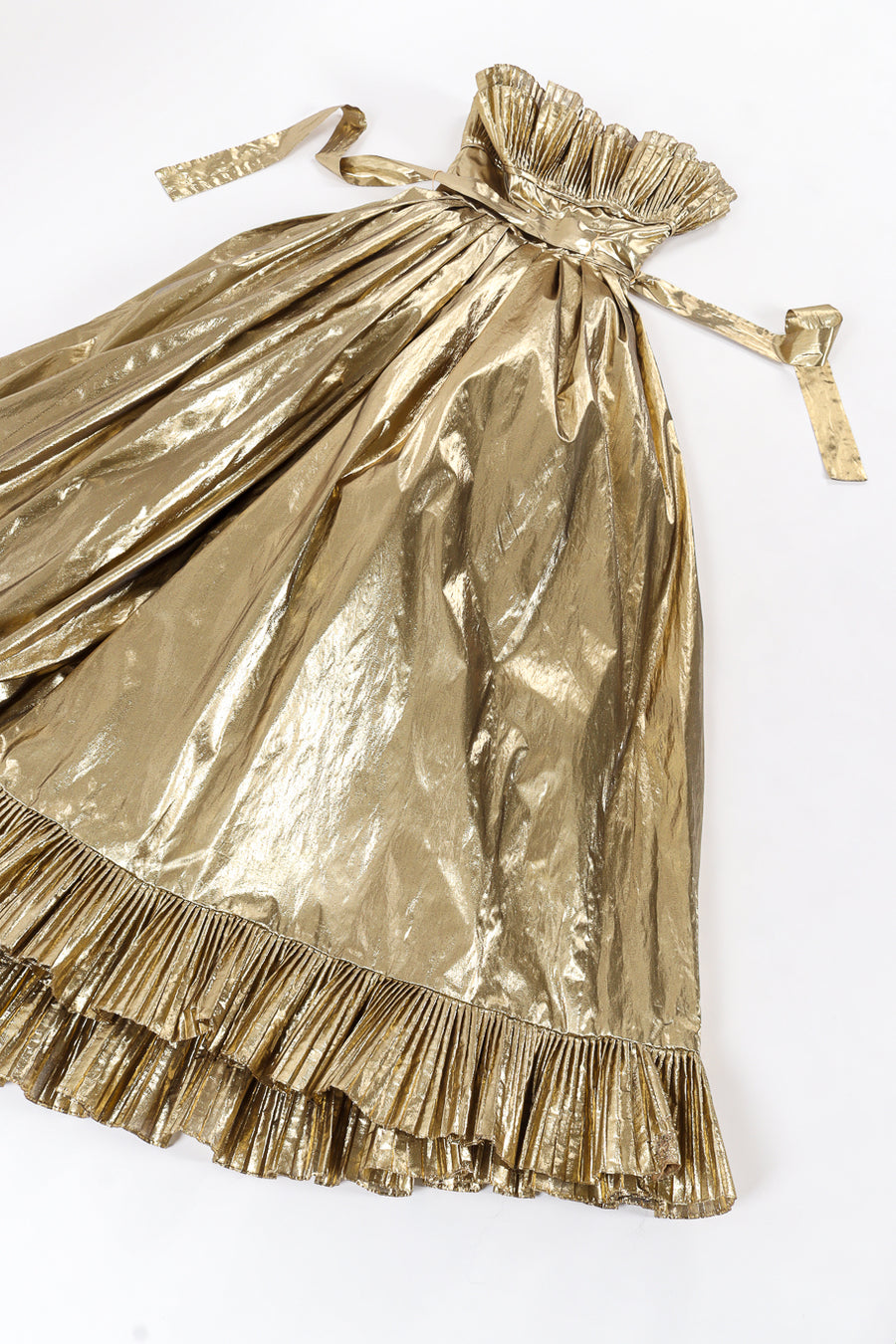 gold lame dress Vintage Victor Costa for Saks Ruffle Pleat Lamé Gown – Recess 2012 catching designs. Elegant White off-shoulder maxi Colour:Grey