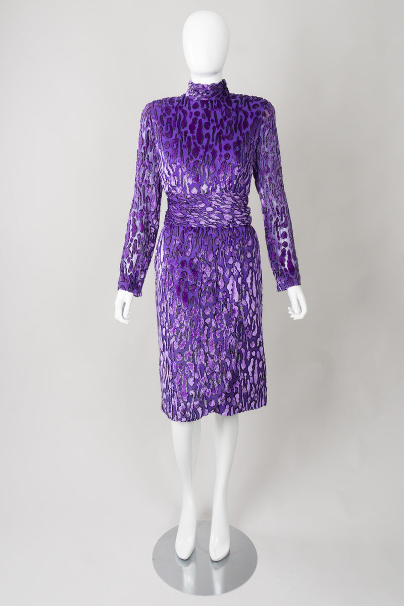 Victor Costa Animal Print Silk Velvet Burnout Dress