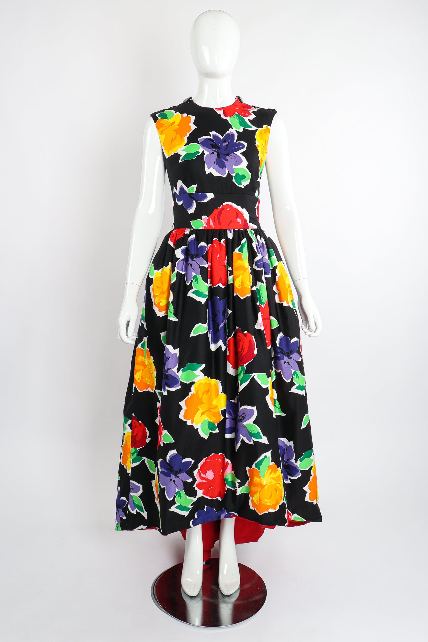 Vintage Victor Costa Floral Sateen Crossback Gown on Mannequin Front at Recess Los Angeles