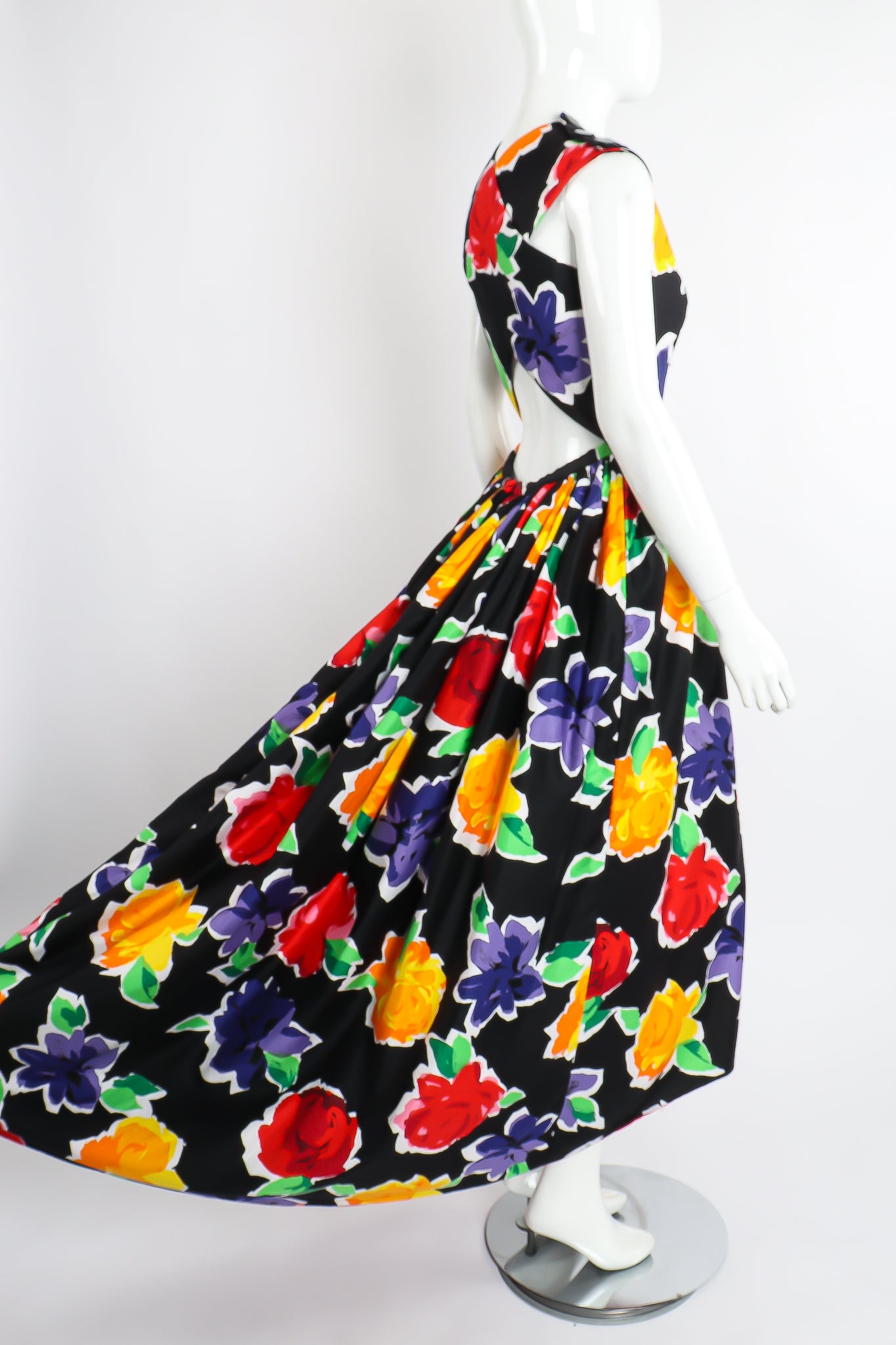 Vintage Victor Costa Floral Sateen Crossback Gown on Mannequin Angle Back at Recess Los Angeles