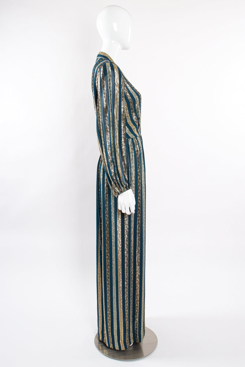 Vintage Victor Costa Metallic Ribbon Stripe Silk Gown on Mannequin side at Recess LA