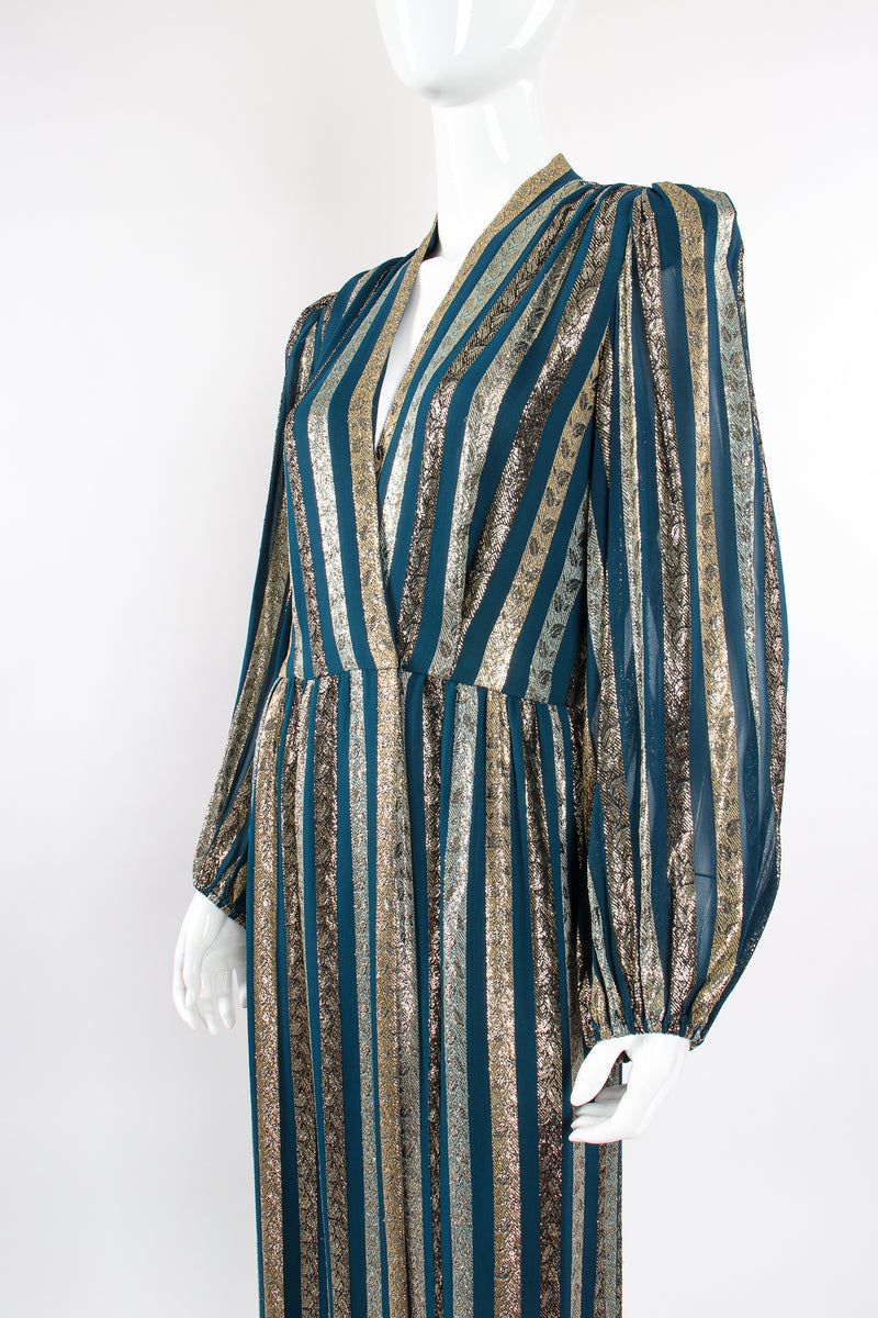 Vintage Victor Costa Metallic Ribbon Stripe Silk Gown on Mannequin angle crop at Recess Los Angeles