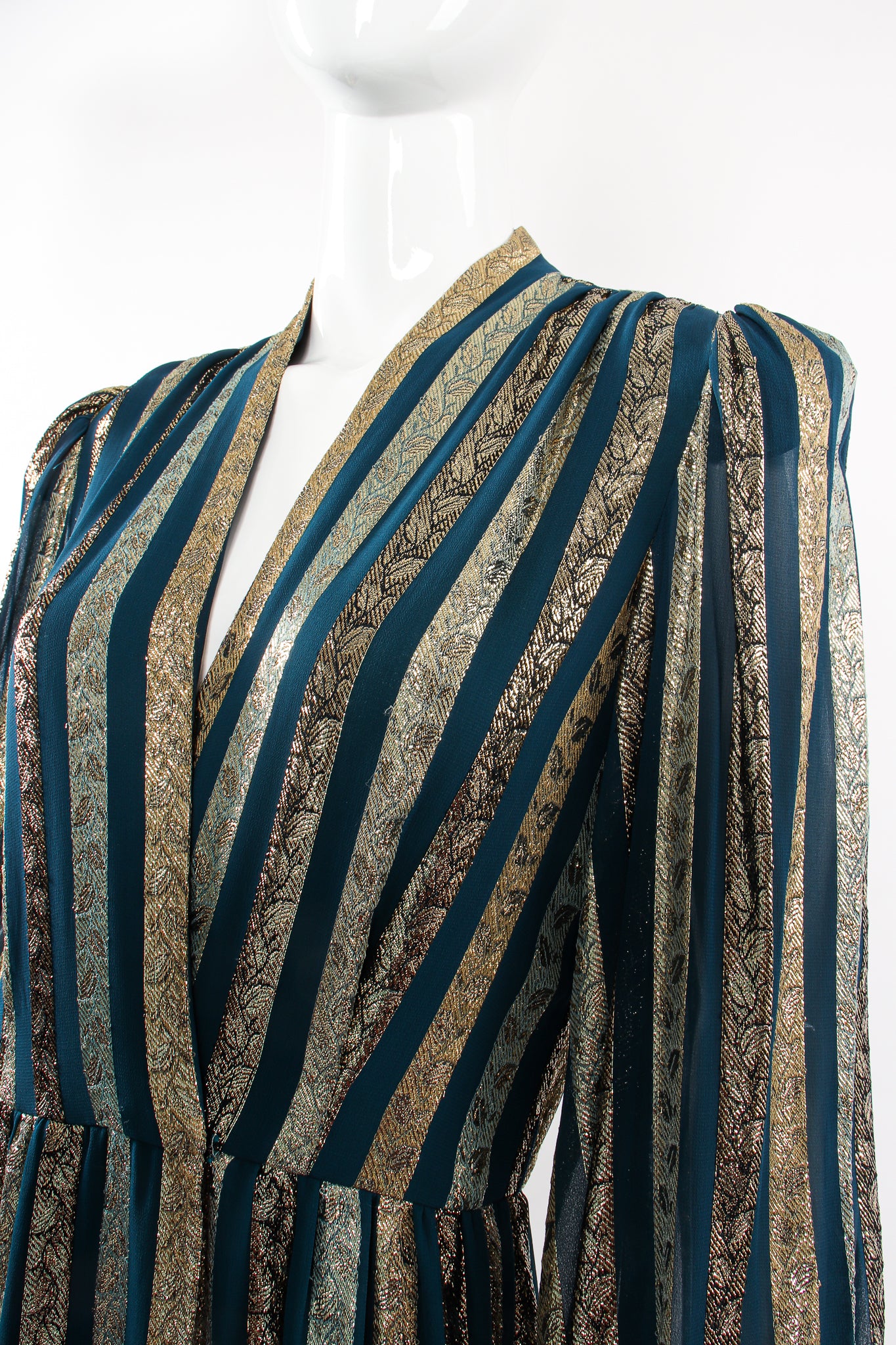 Vintage Victor Costa Metallic Ribbon Stripe Silk Gown on Mannequin crop at Recess Los Angeles
