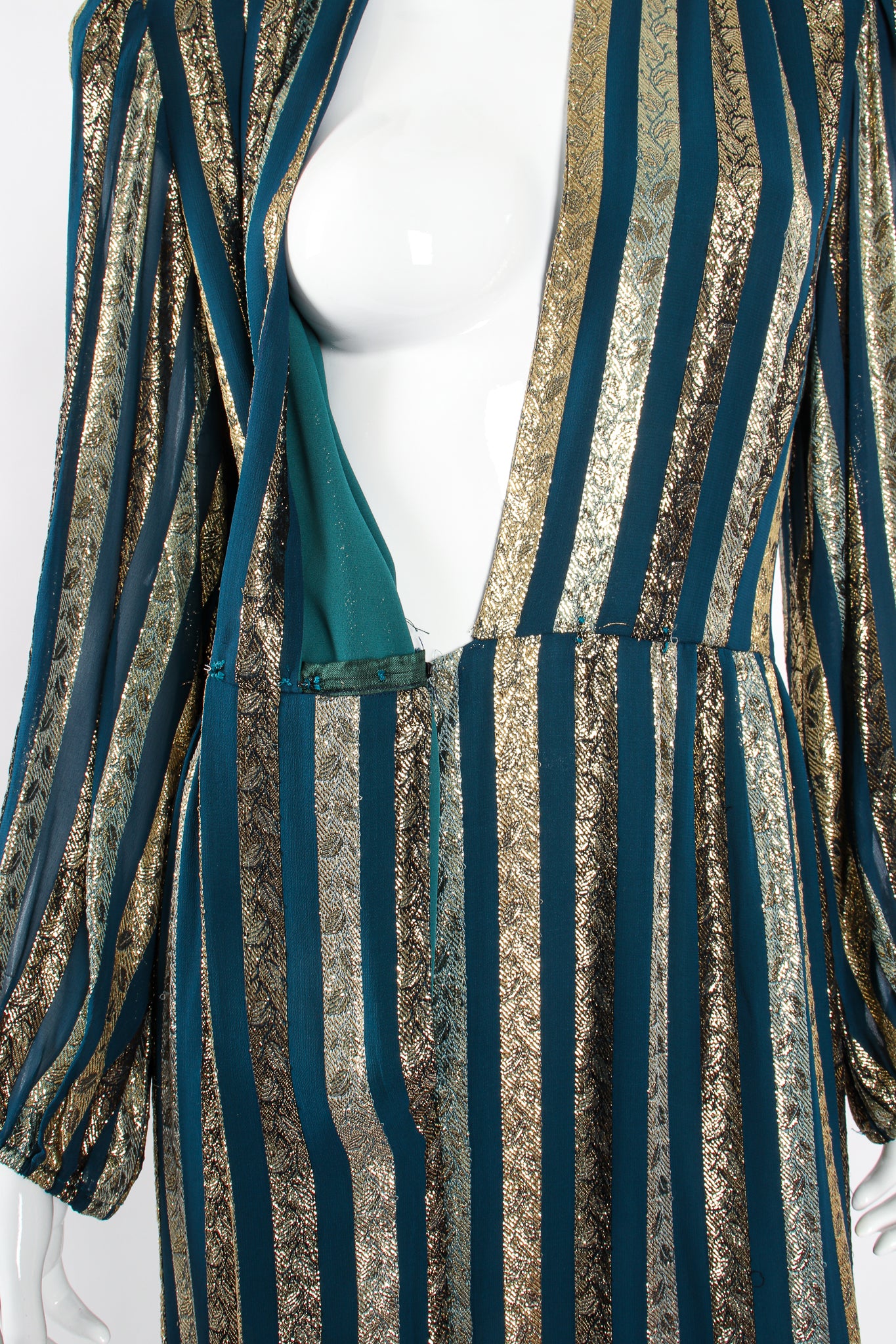 Vintage Victor Costa Metallic Ribbon Stripe Silk Gown faux wrap waist @ Recess Los Angeles