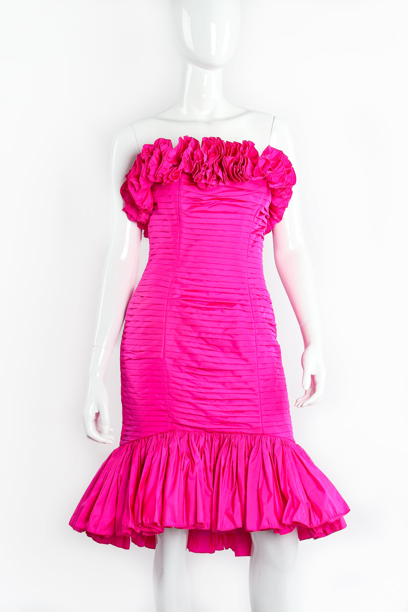Vintage Victor Costa Ruffle Pleated Strapless Cocktail Dress on Mannequin Front at Recess LA