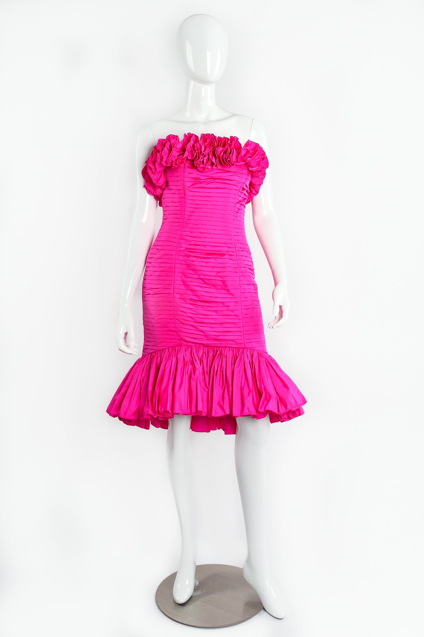 Vintage Victor Costa Ruffle Pleated Strapless Cocktail Dress on Mannequin Front at Recess LA