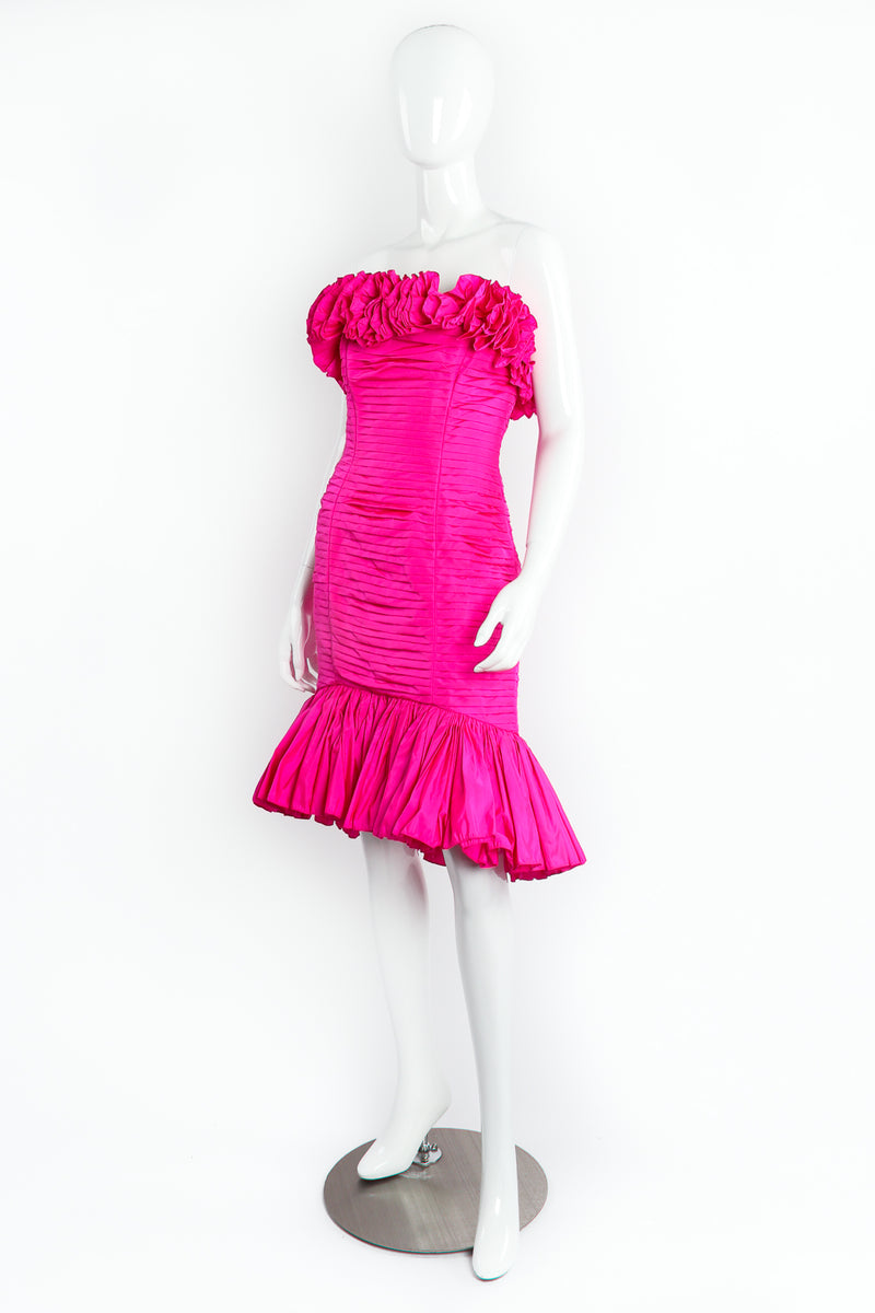 Vintage Victor Costa Ruffle Pleated Strapless Cocktail Dress on Mannequin Angle at Recess LA