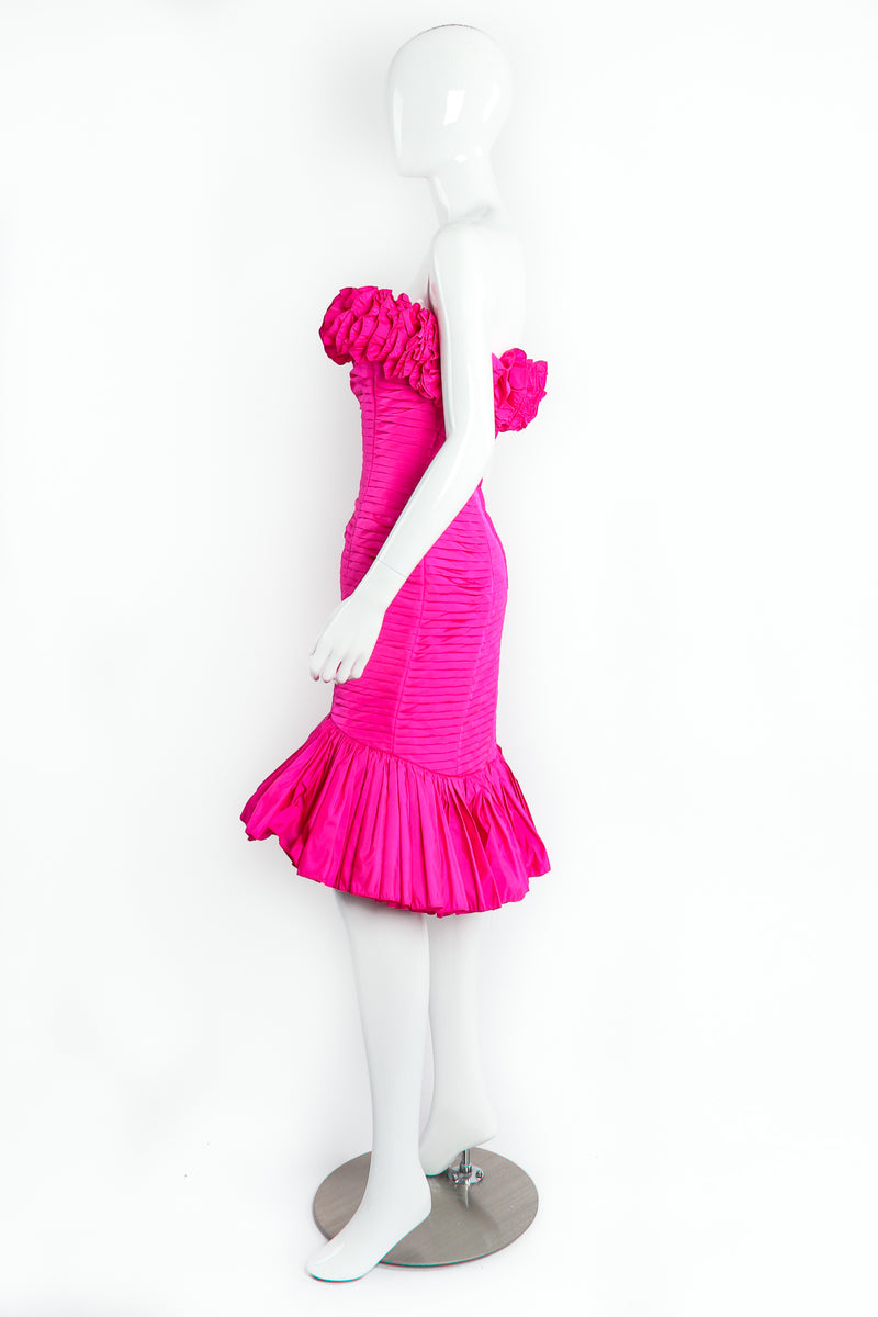 Vintage Victor Costa Ruffle Pleated Strapless Cocktail Dress on Mannequin Side at Recess LA