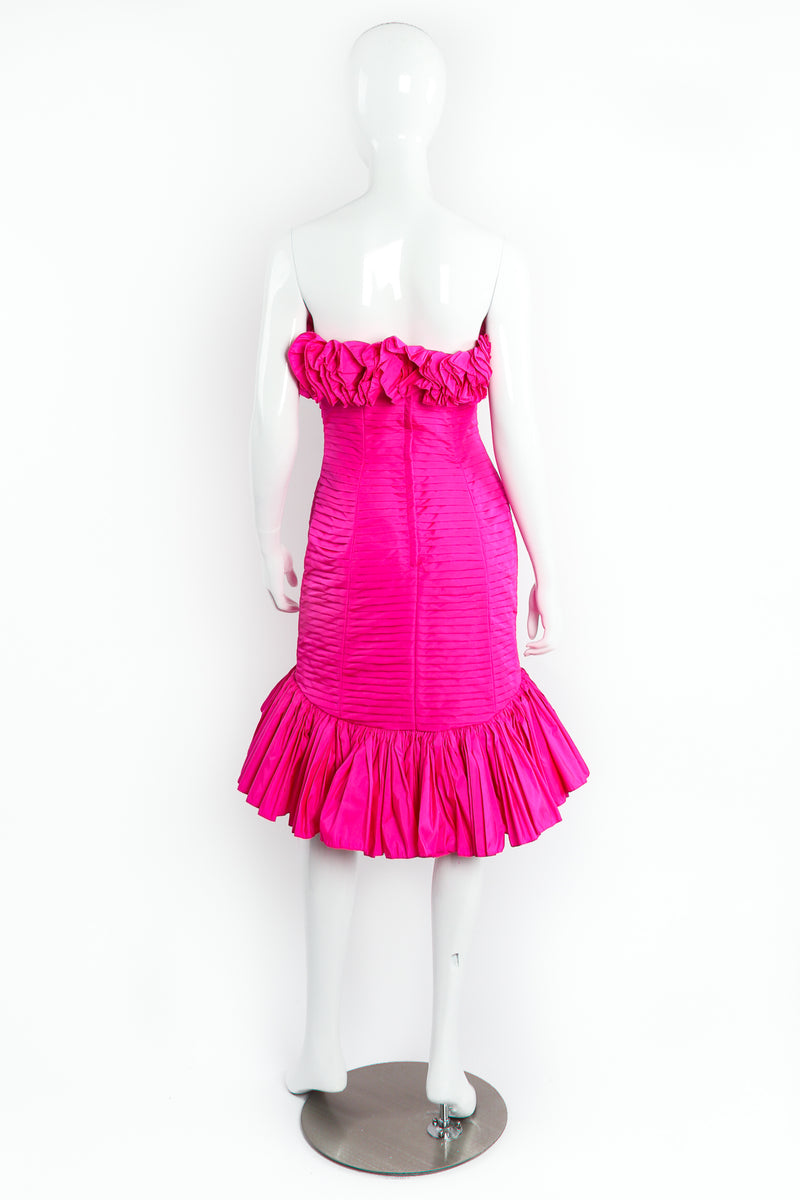 Vintage Victor Costa Ruffle Pleated Strapless Cocktail Dress on Mannequin Back at Recess LA