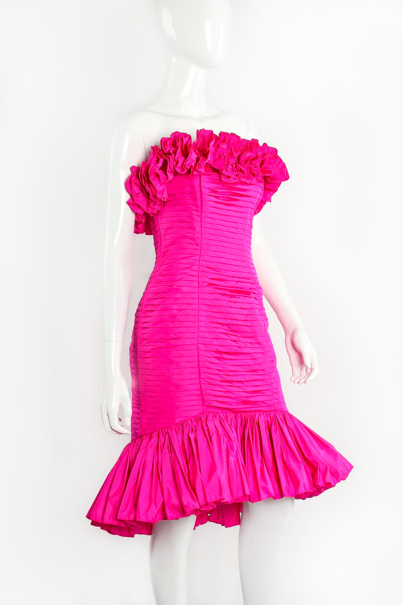 Vintage Victor Costa Ruffle Pleated Strapless Cocktail Dress on Mannequin Angle at Recess LA