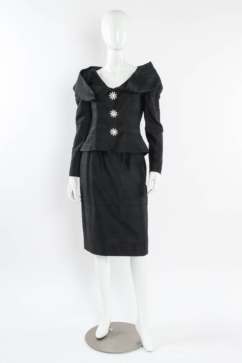 Vintage Victor Costa Rhinestone Floral Silk Jacket & Skirt Set mannequin front @ Recess LA