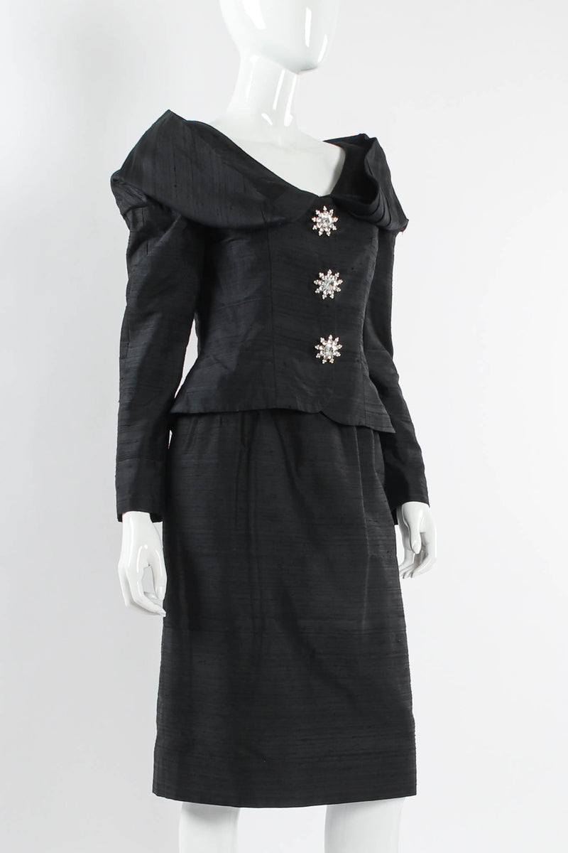 Vintage Victor Costa Rhinestone Floral Silk Jacket & Skirt Set mannequin angle @ Recess LA