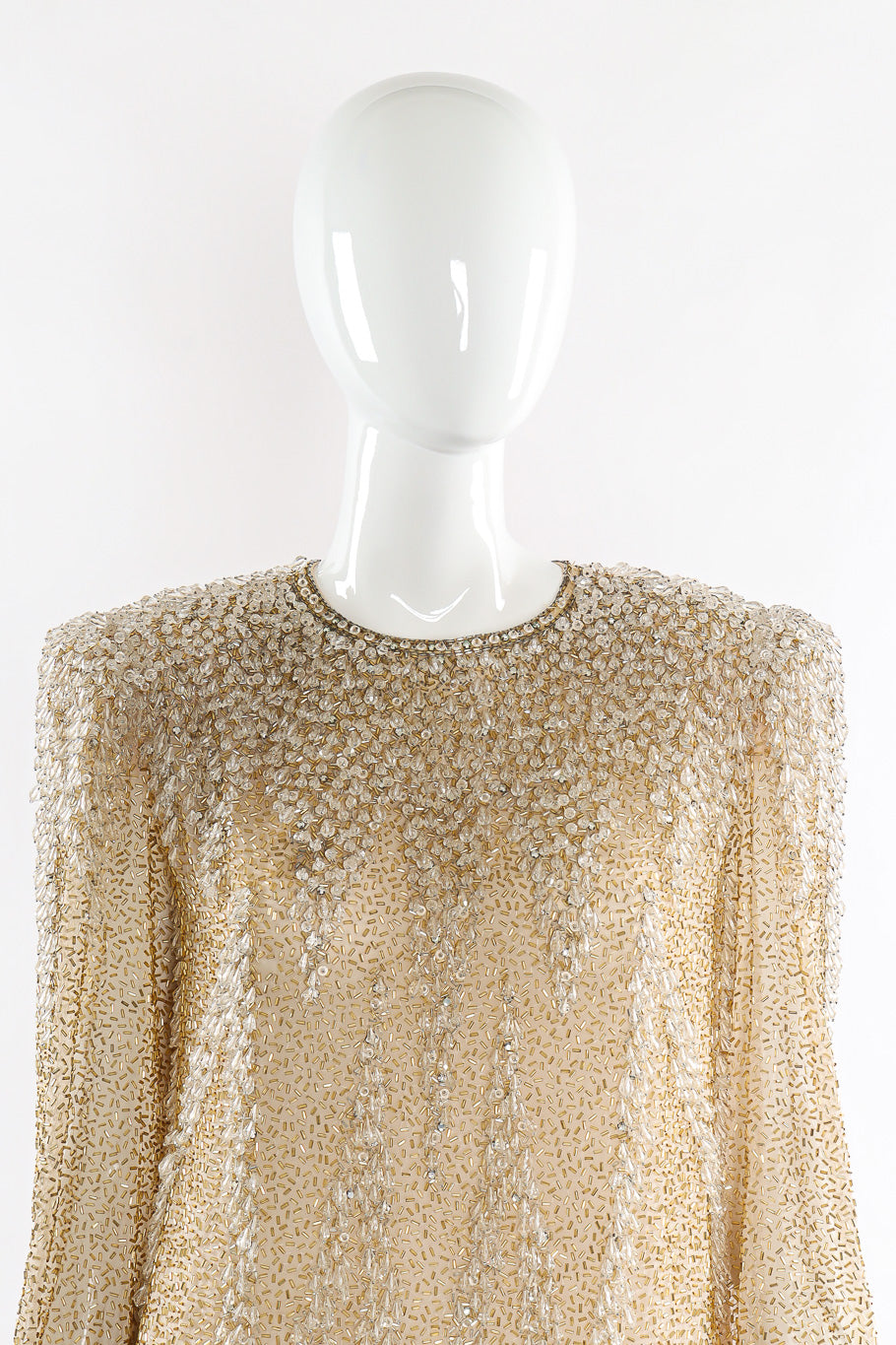 Beaded champagne silk shift dress by Victoria Royal Neck Detail Close-up. @recessla
