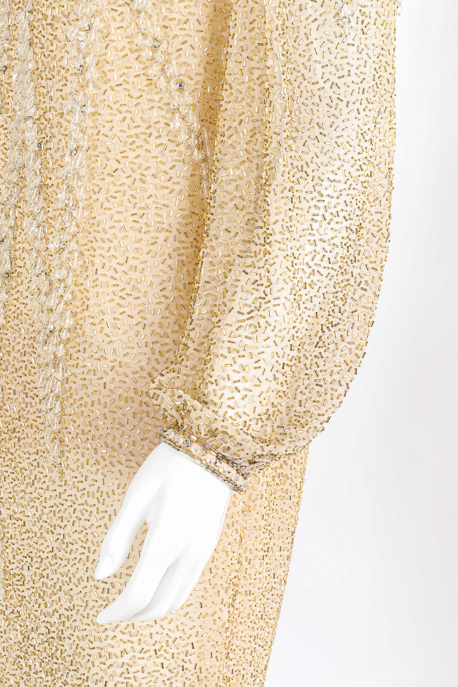 Beaded champagne silk shift dress by Victoria Royal Sleeve Close-up. @recessla