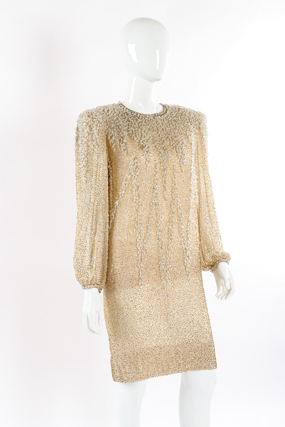 Beaded champagne silk shift dress by Victoria Royal Side View. @recessla