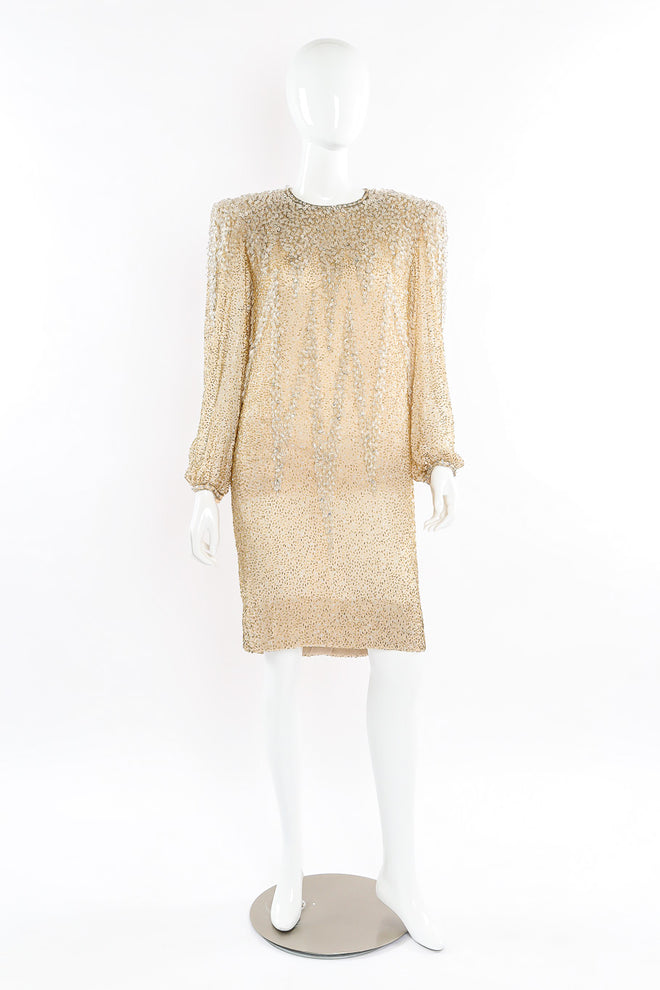 Beaded champagne silk shift dress by Victoria Royal. @recessla