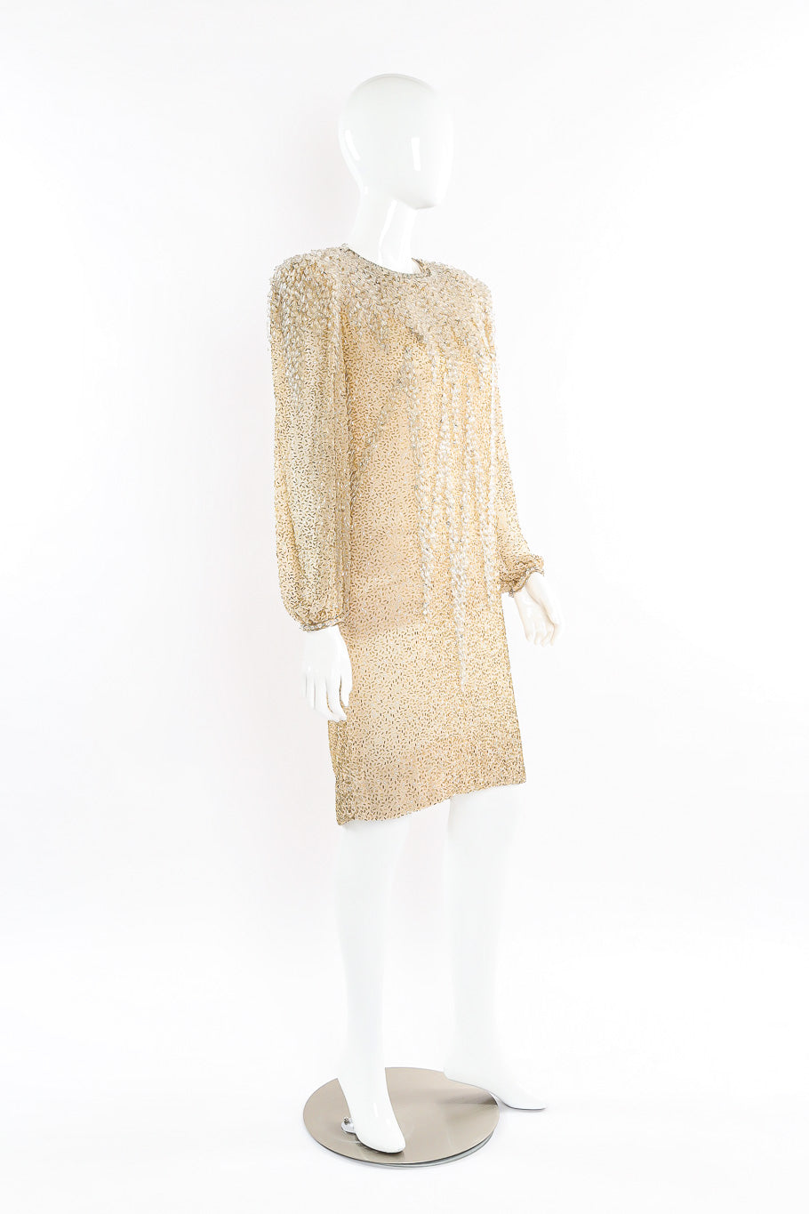 Beaded champagne silk shift dress by Victoria Royal Side View. @recesla