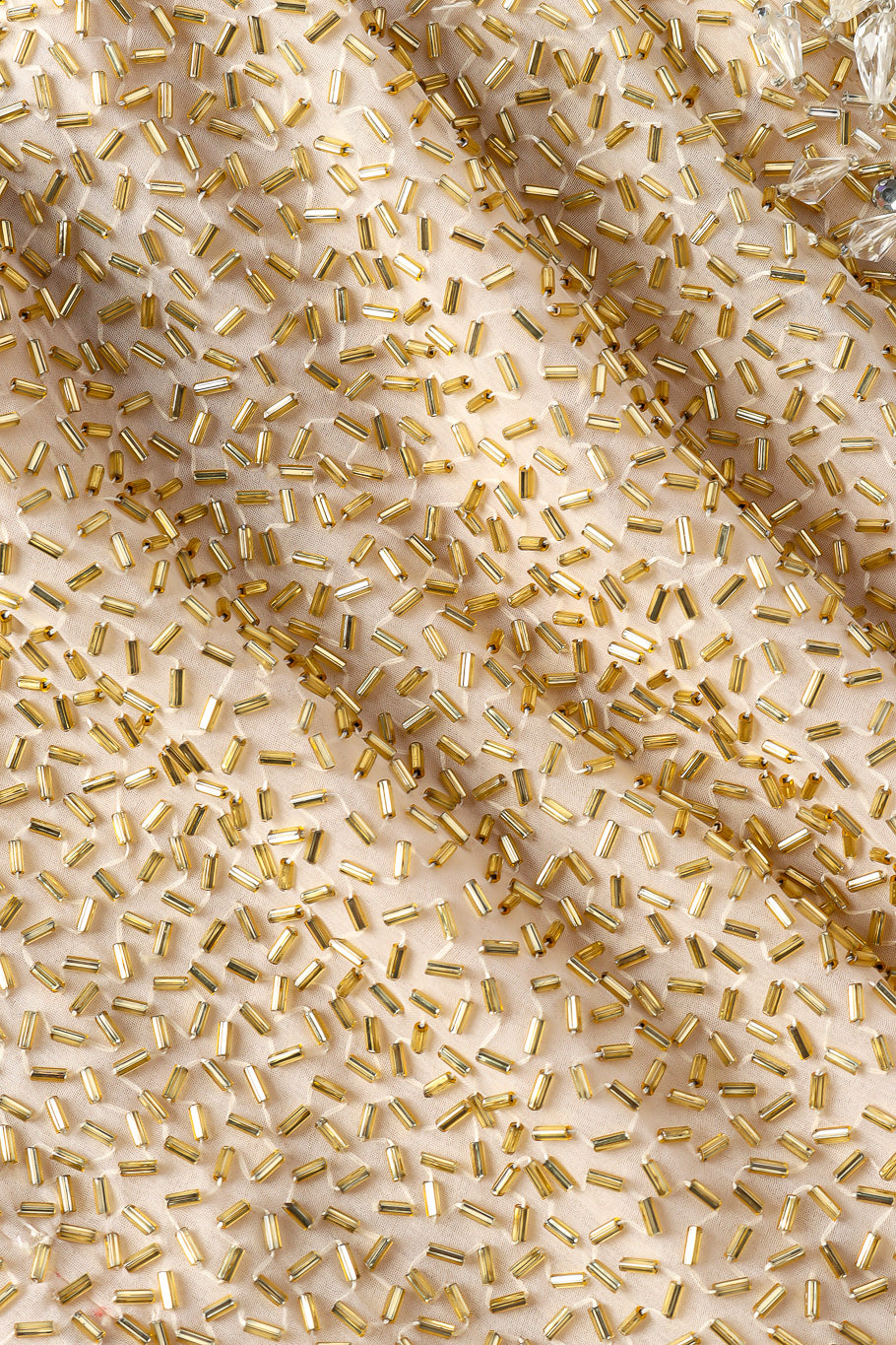 Beaded champagne silk shift dress by Victoria Royal Beaded Fabric Details Close-up. @recessla