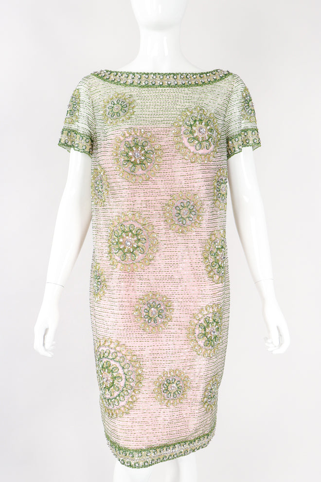 Recess Los Angeles Designer Consignment Vintage Victoria Royal Beaded Mandala Bateau Sheer Shift Dress