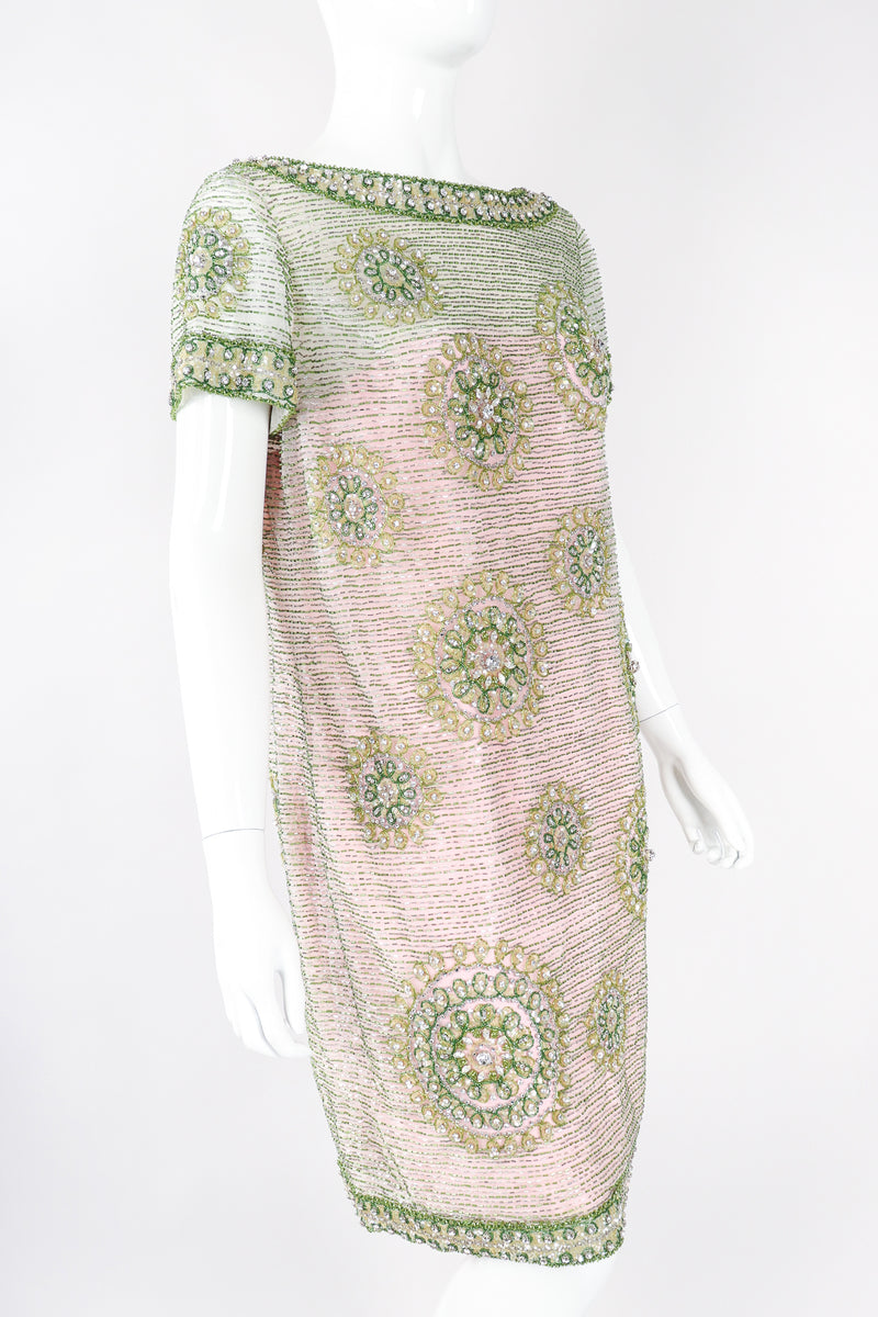 Recess Los Angeles Designer Consignment Vintage Victoria Royal Beaded Mandala Bateau Sheer Shift Dress