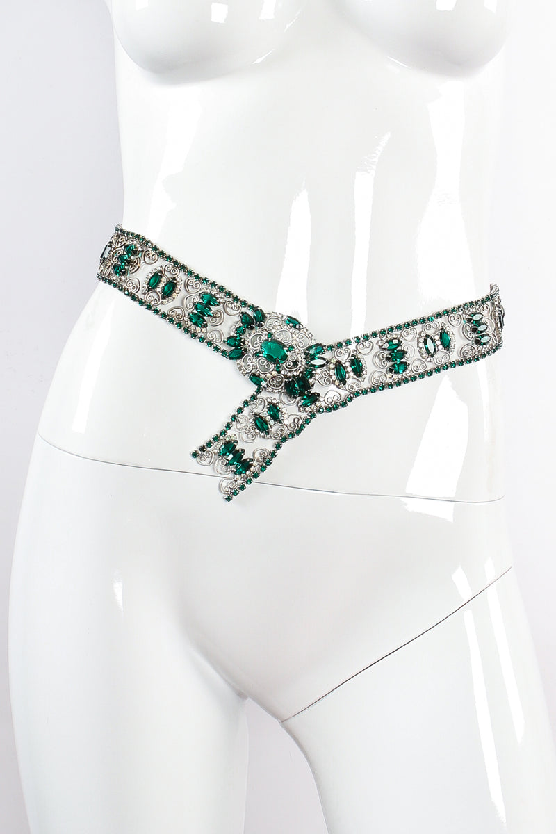 Vintage Emerald Rhinestone Metal Lace Belt on mannequin at Recess Los Angeles
