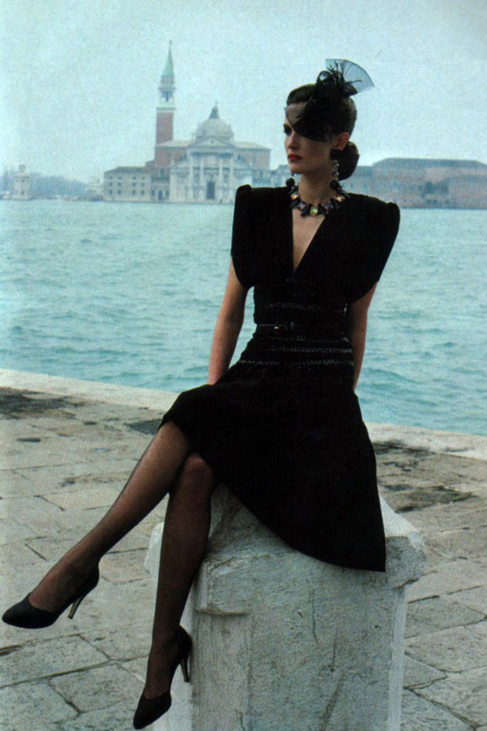 Vogue 1983 Helmut Newton Yves Saint Laurent YSL Gathered Drop Waist Film Noir Gown at Recess LA