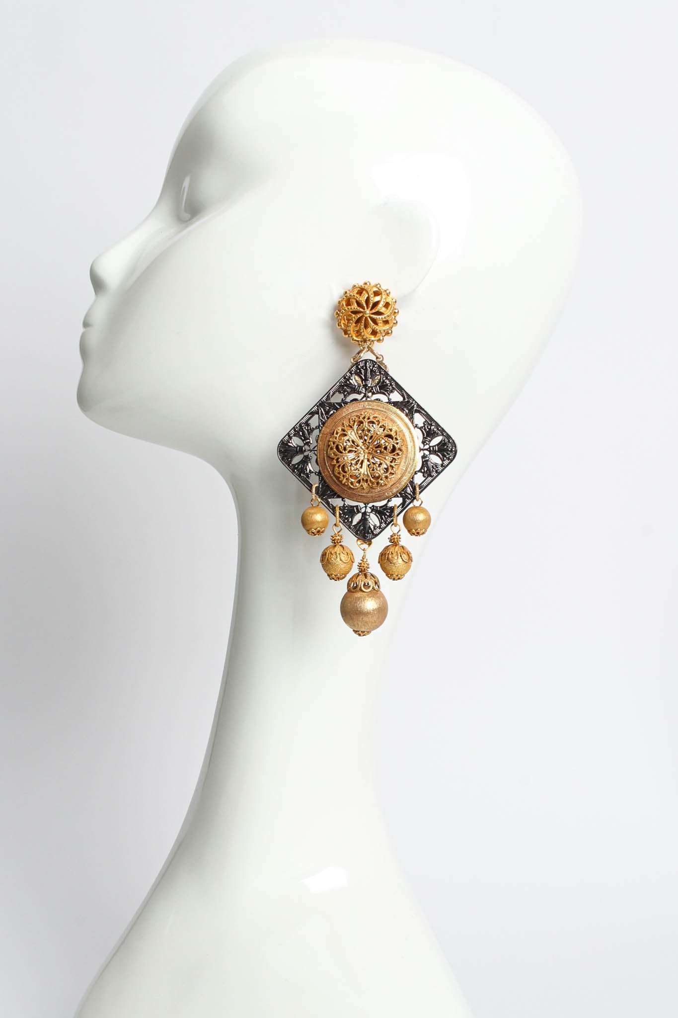 Vintage Lawrence Vrba Filigree Floral Emblem Orb Earrings on mannequin @ Recess LA