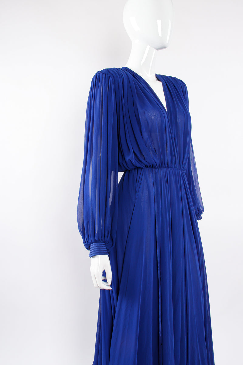 Vintage Wayne Clark Layered Chiffon Plunge Balloon Sleeve Gown on Mannequin angle at Recess LA