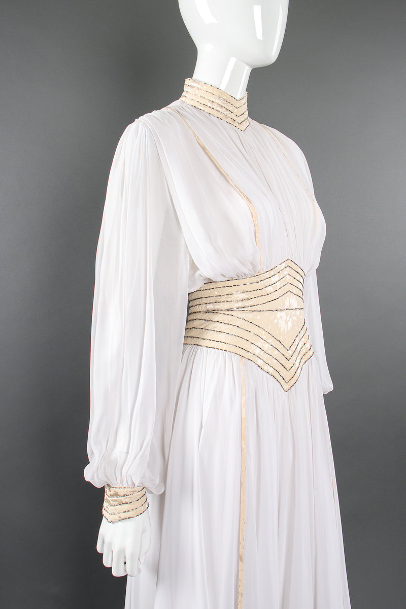 Vintage Wayne Clark Chiffon Balloon Sleeve Gown Wedding Bridal on Mannequin crop at Recess LA