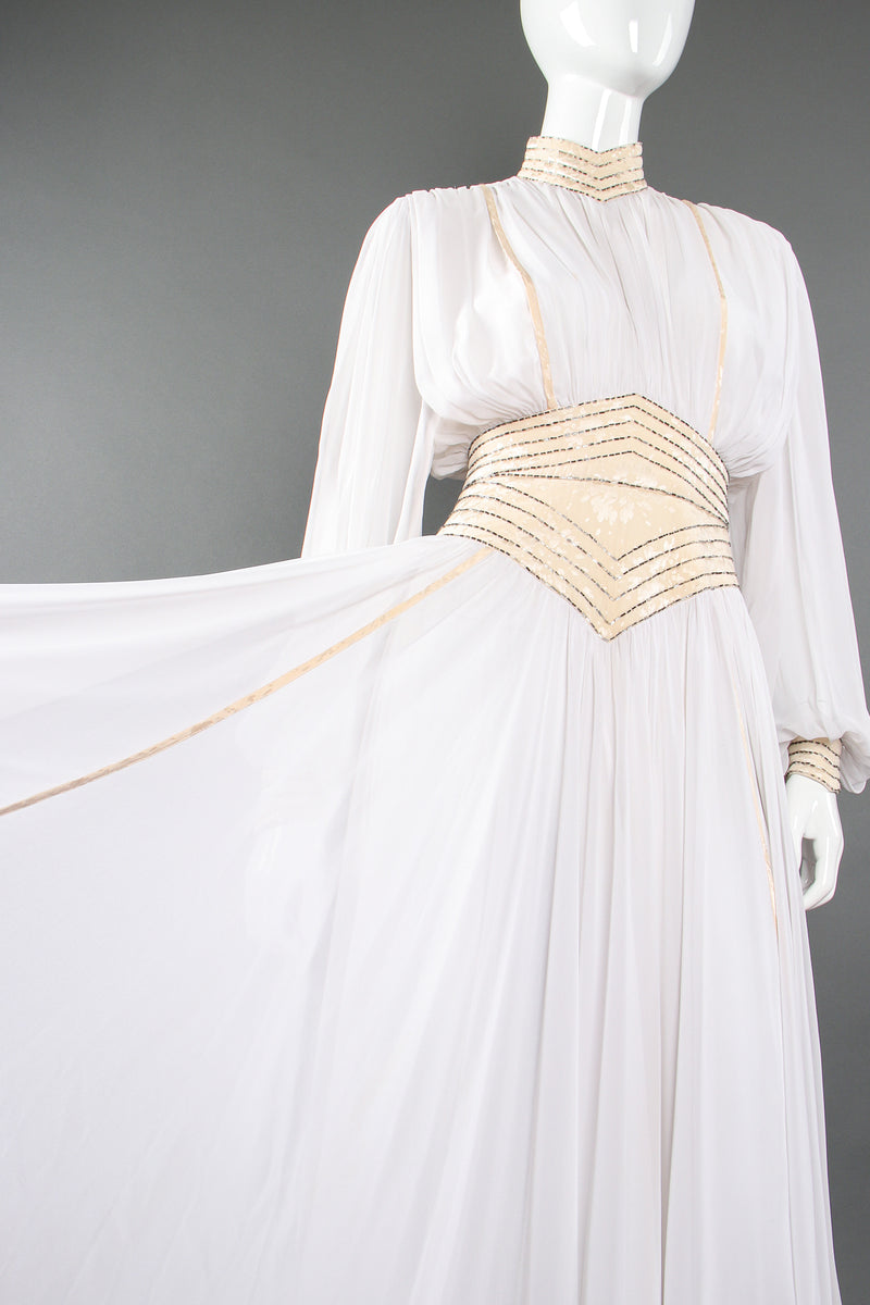 Vintage Wayne Clark Chiffon Balloon Sleeve Gown Wedding Bridal on Mannequin flow at Recess LA