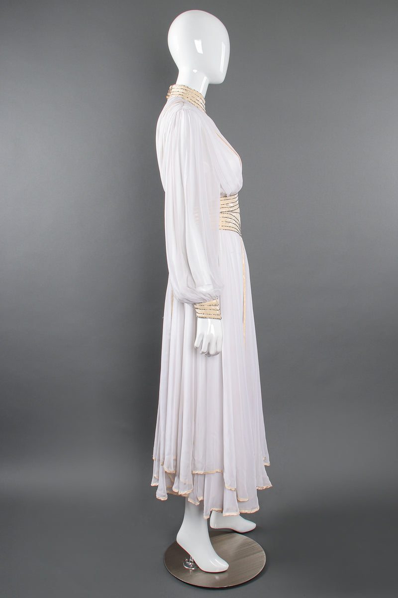 Vintage Wayne Clark Chiffon Balloon Sleeve Gown Wedding Bridal on Mannequin side at Recess LA