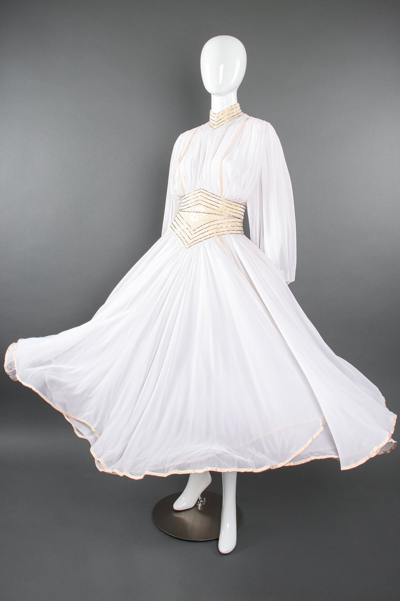 Vintage Wayne Clark Chiffon Balloon Sleeve Gown Wedding Bridal on Mannequin spin at Recess LA